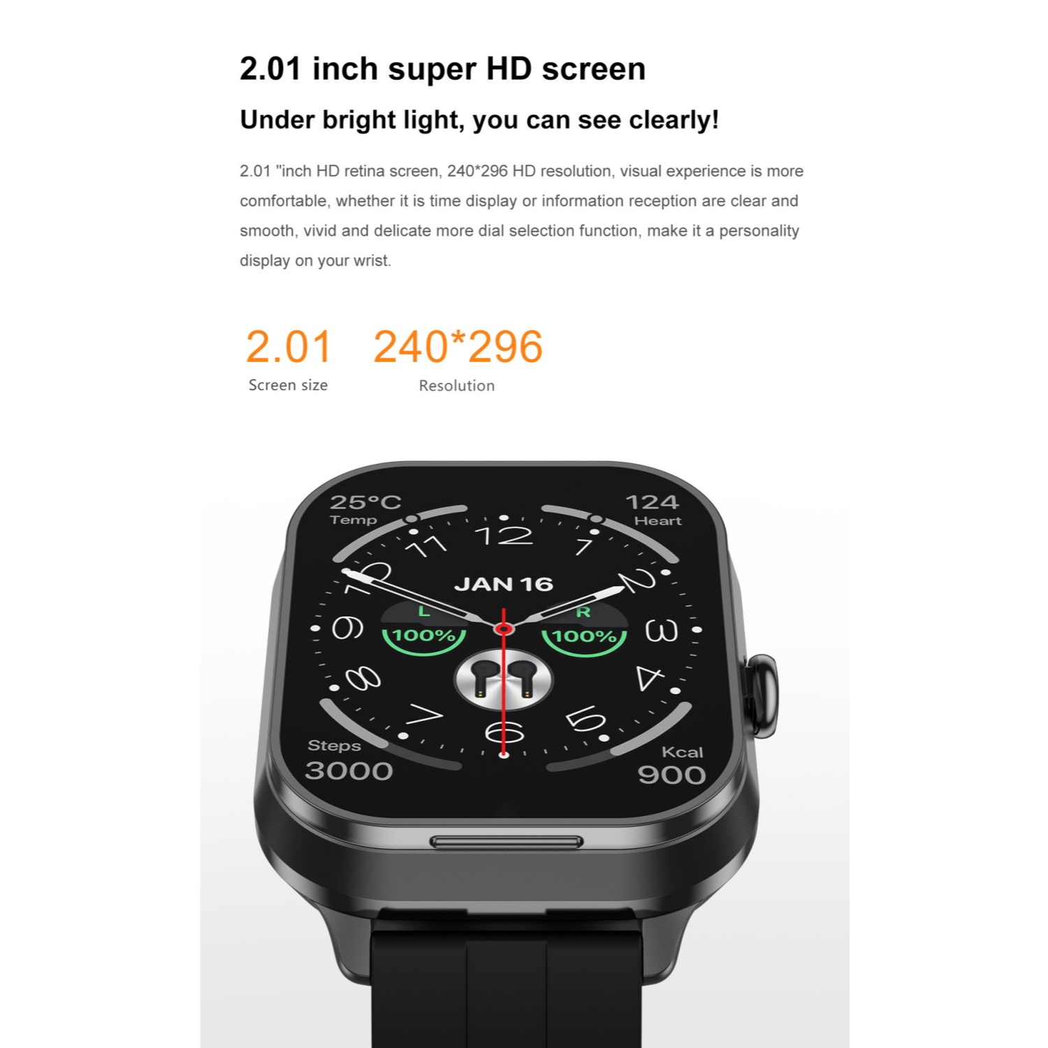 Eine schwarze Smartwatch mit schwarzem Armband. Das Display zeigt Uhrzeit, Datum, Schritte, Kalorien und Herzfrequenz.