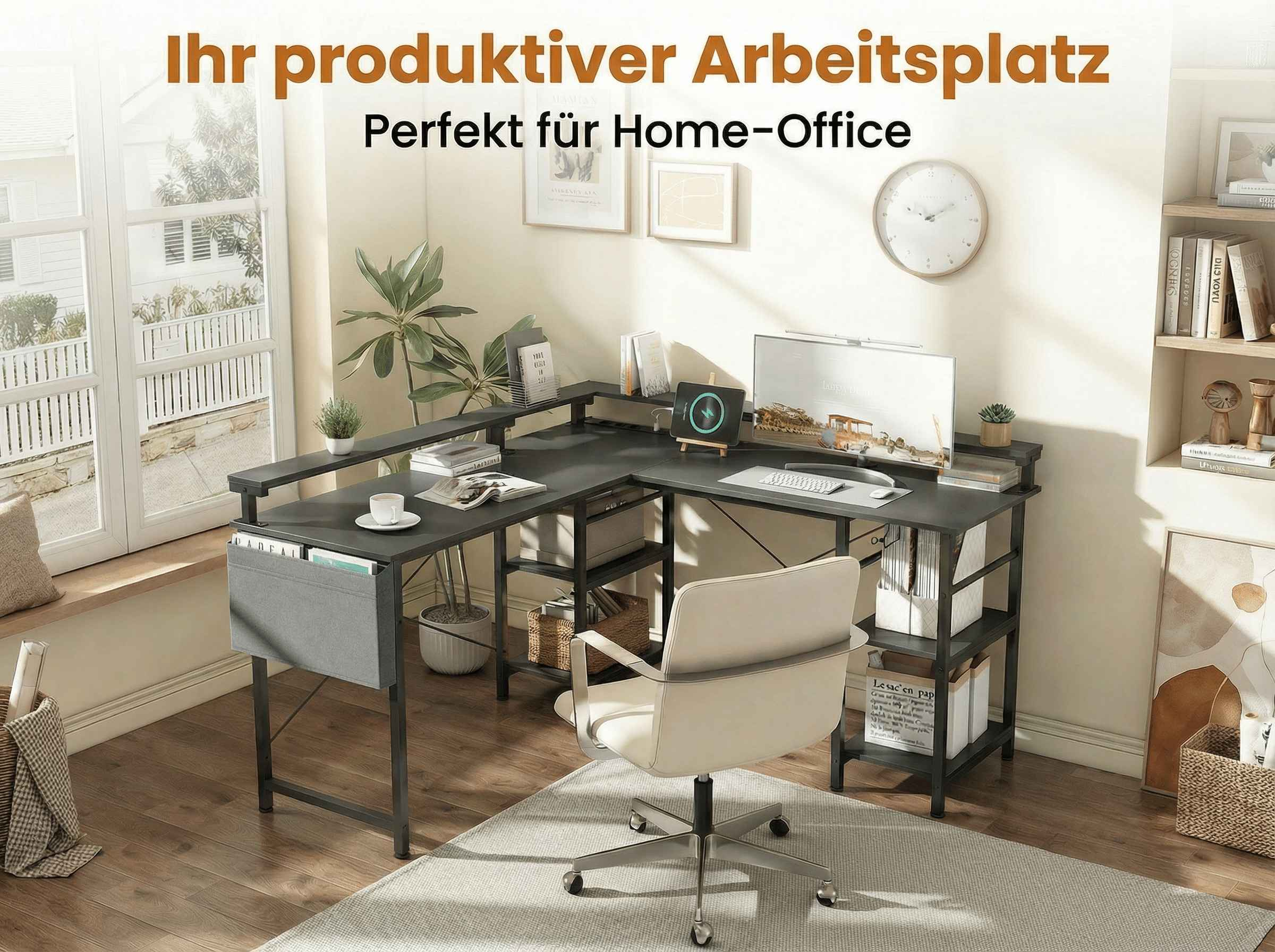 Ein moderner Eckschreibtisch mit einem Computer, einem Stuhl und Pflanzen im Home-Office.
