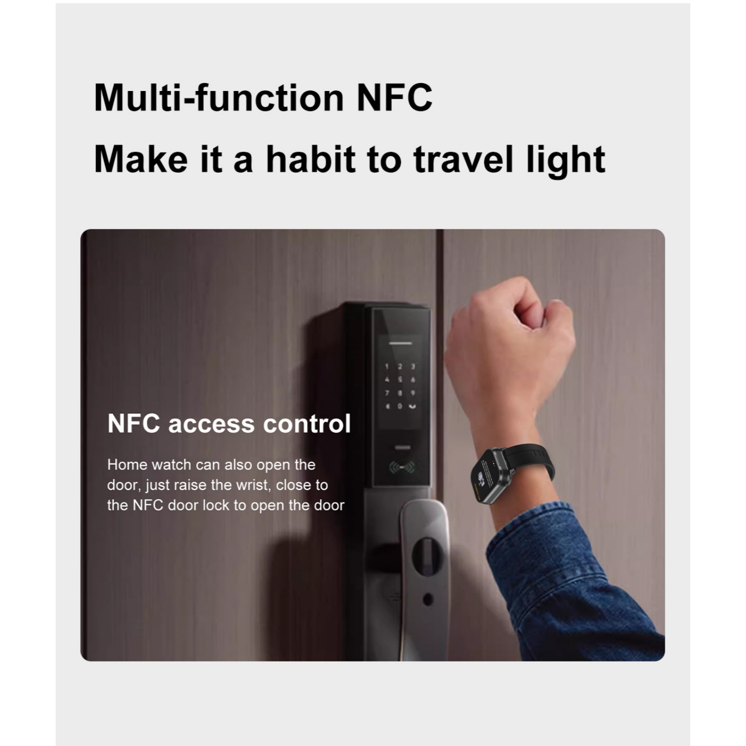 Eine Hand mit Smartwatch nähert sich einem digitalen Türschloss. Mehrzweck-NFC.