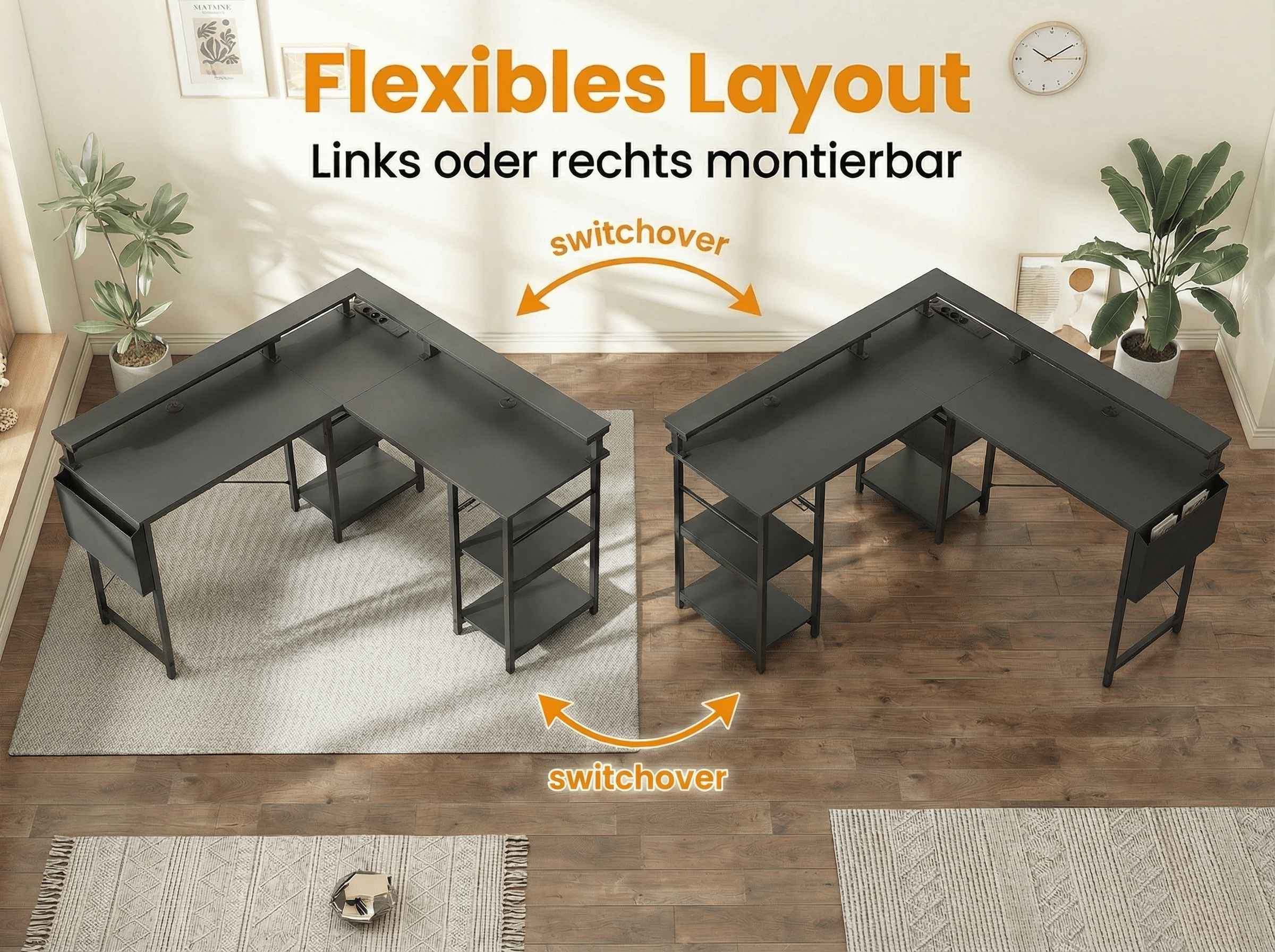 Zwei schwarze Eckschreibtische mit integrierten Steckdosen und Regalen.