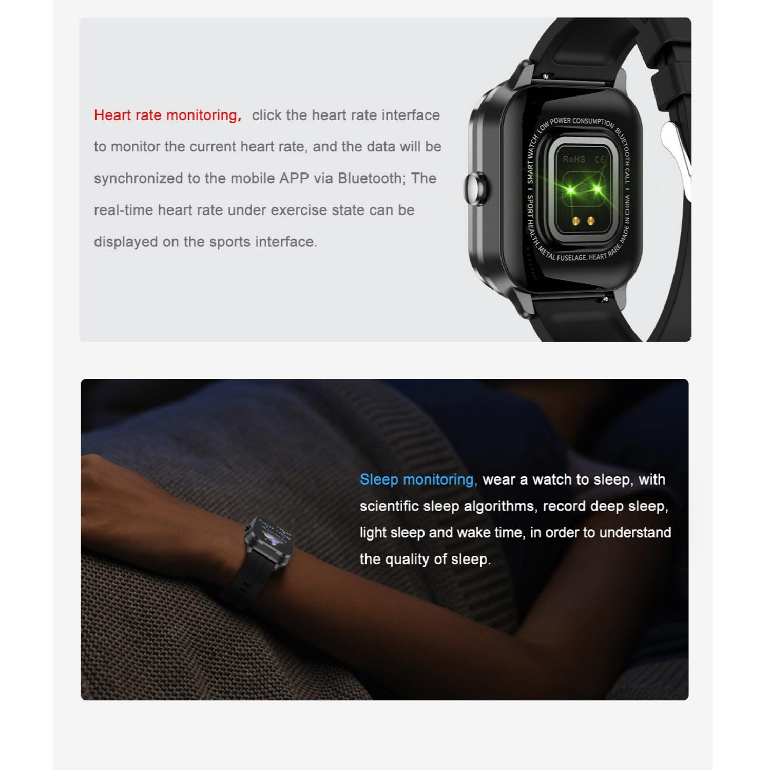 Schwarze Smartwatch mit Herzfrequenzmesser. Eine andere zeigt ein Handgelenk bei Nacht.