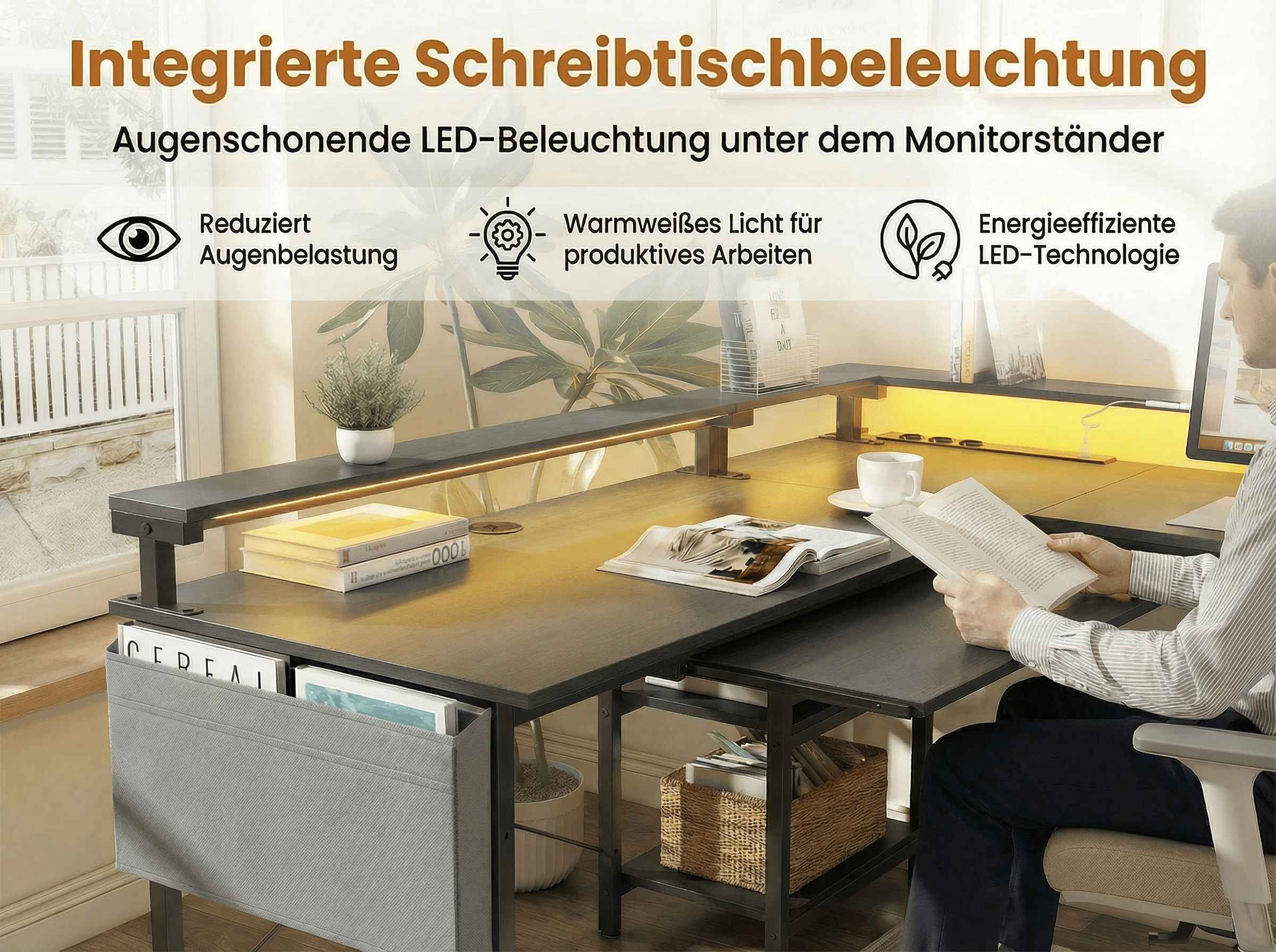 Ein Mann liest auf einem Schreibtisch mit integrierter LED-Beleuchtung.