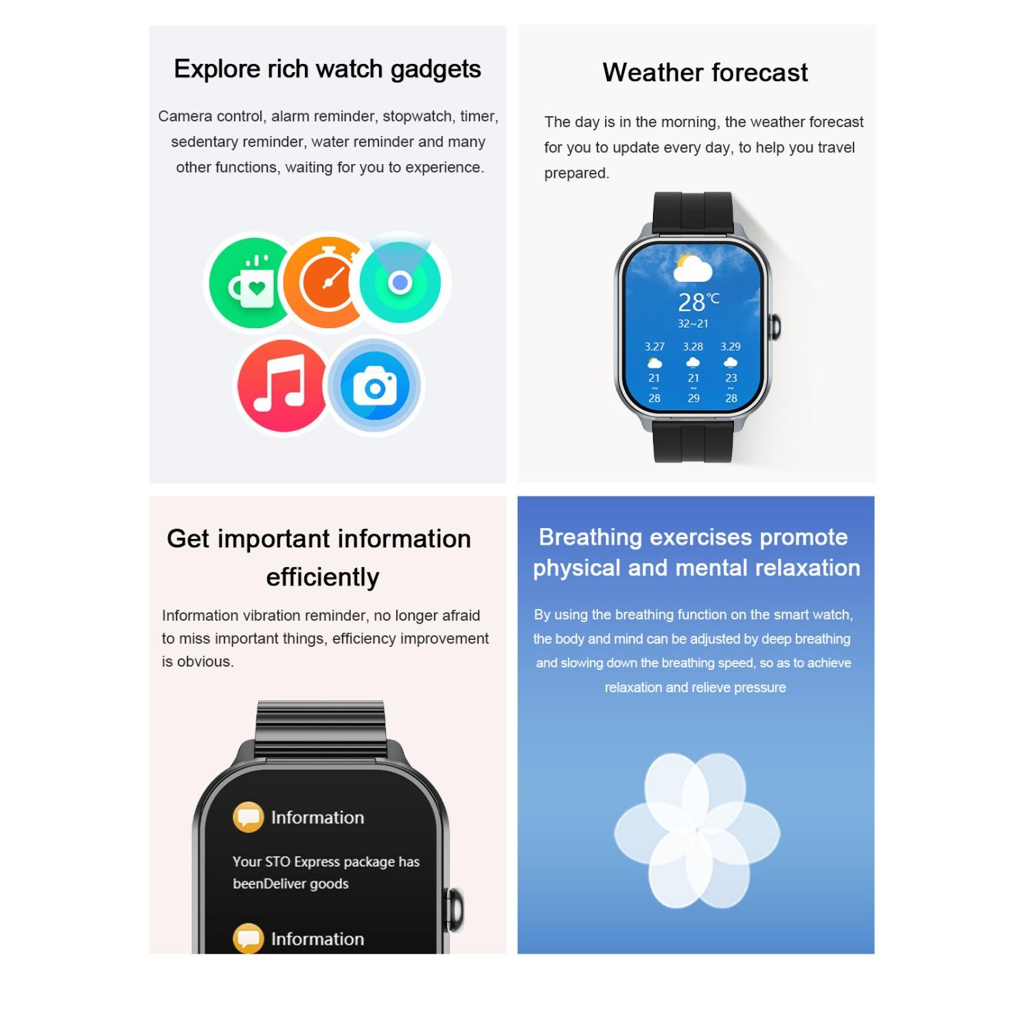 Vier Kacheln: Gadgets, Wetter, Benachrichtigungen und Atemübungen auf einer Smartwatch.