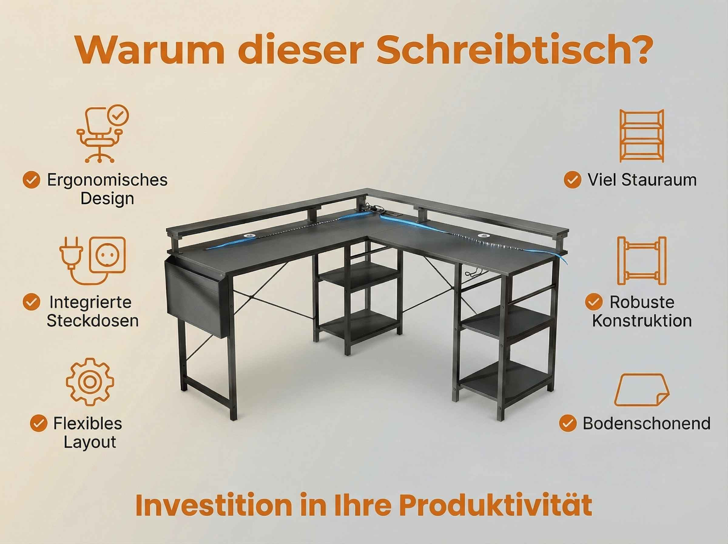 Ein Eckschreibtisch mit Regalen, integrierten Steckdosen und ergonomischem Design.