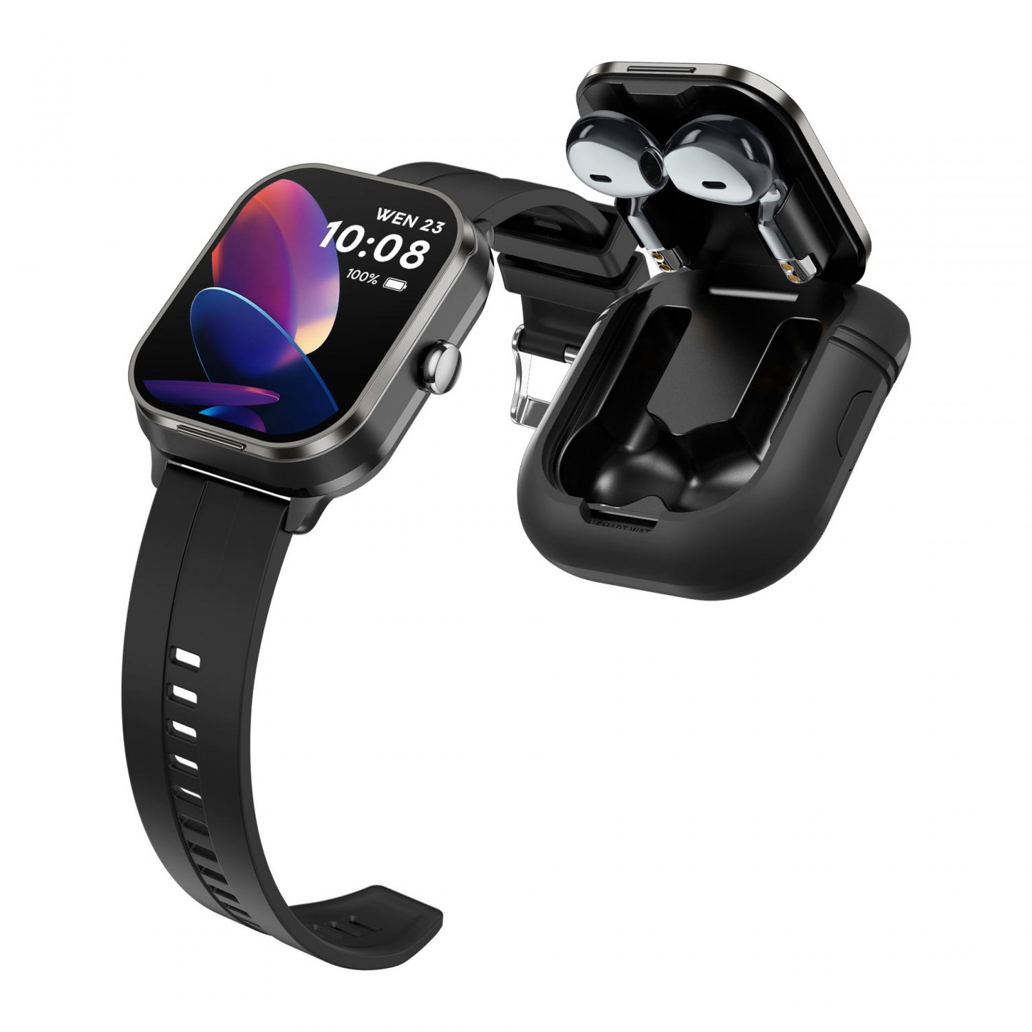 Schwarze Smartwatch mit Ohrhörern im Ladecase. Uhrzeit: 10:08.