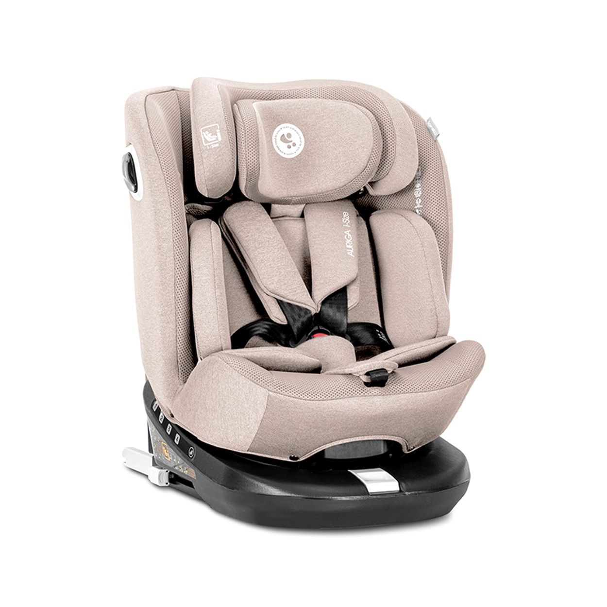 Ein beiger Kindersitz mit schwarzem Gurtzeug auf schwarzer Basis.