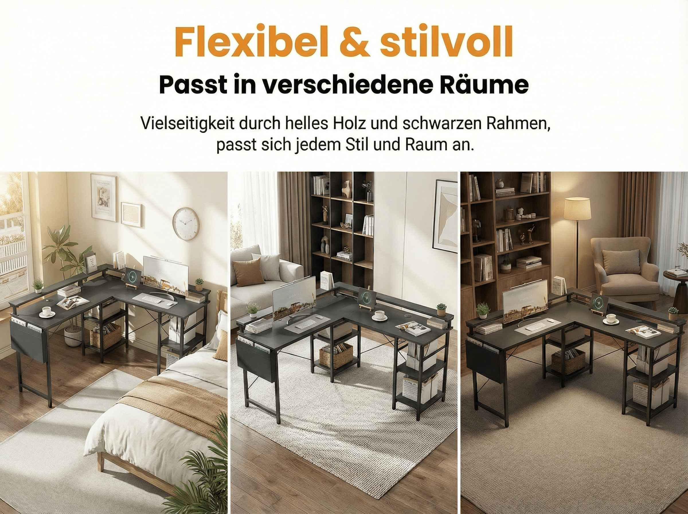 L-förmiger Schreibtisch mit schwarzem Metallrahmen und Holzakzenten in drei Räumen.