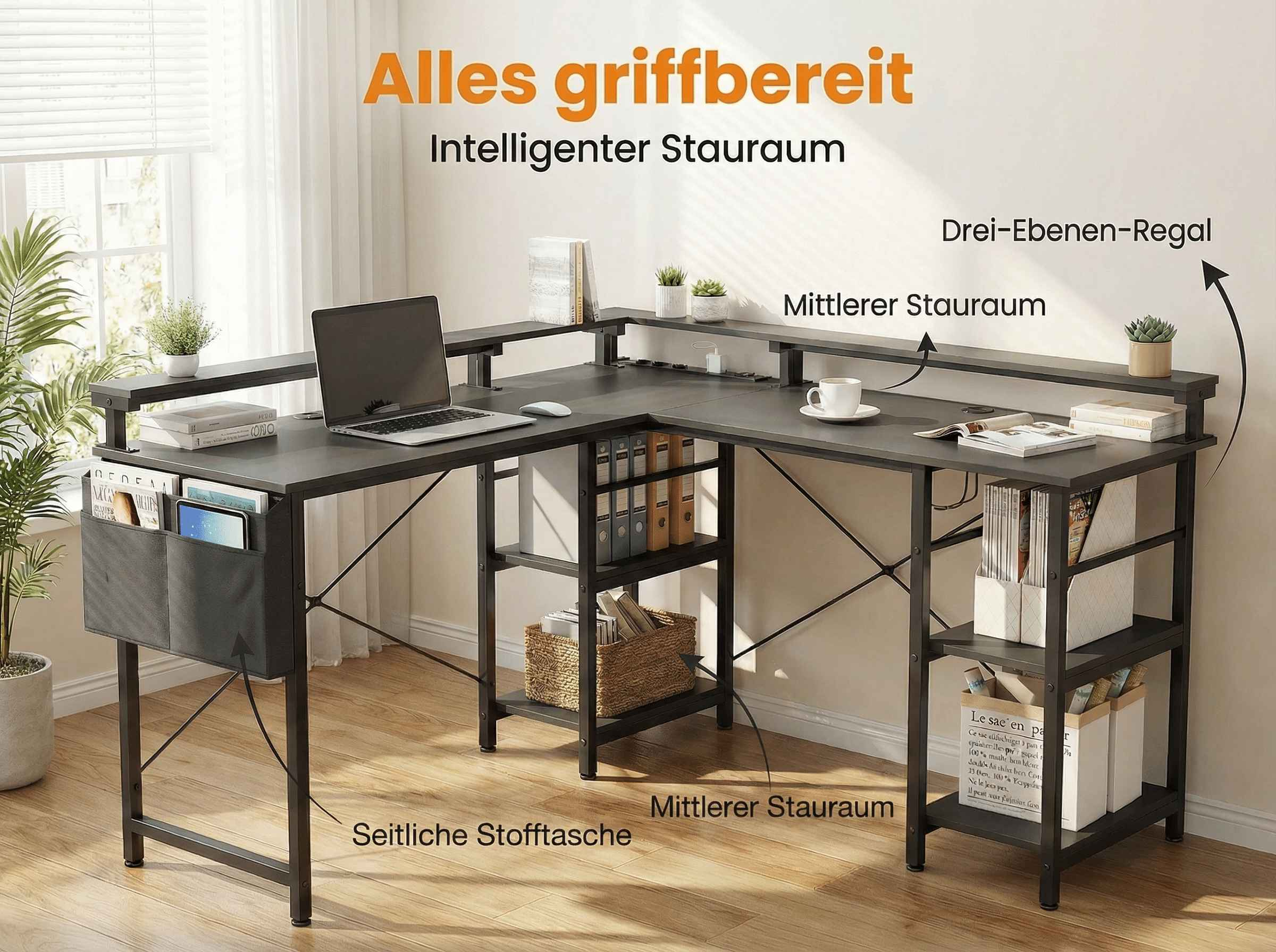 Ein Eckschreibtisch mit Laptop, Tasse und Aufbewahrungseinheiten.