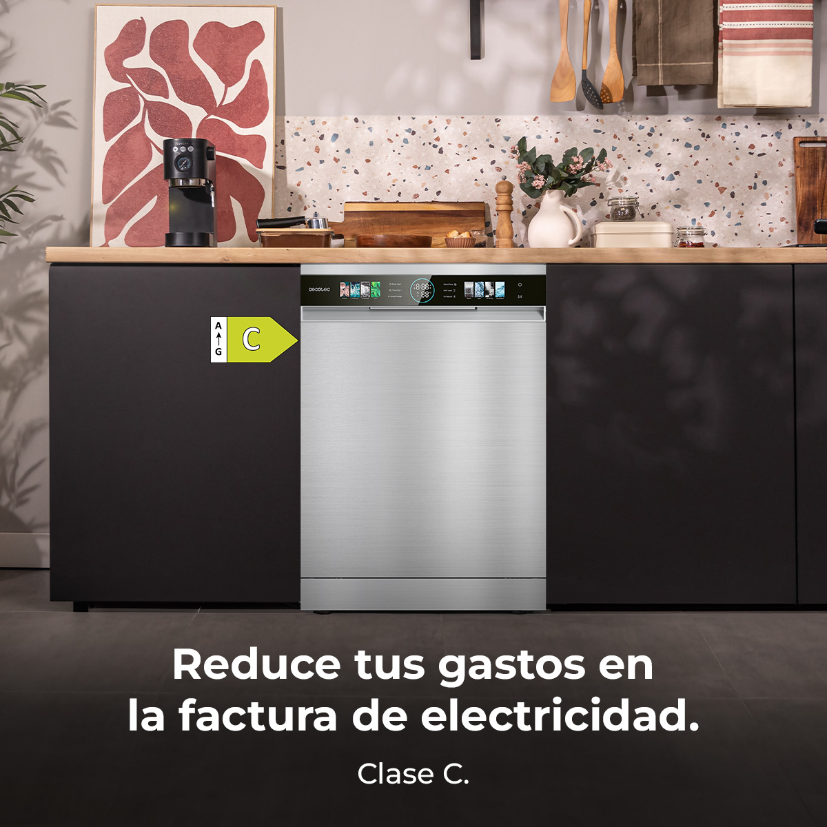 Cucina moderna con lavastoviglie argento ed etichetta energetica C.