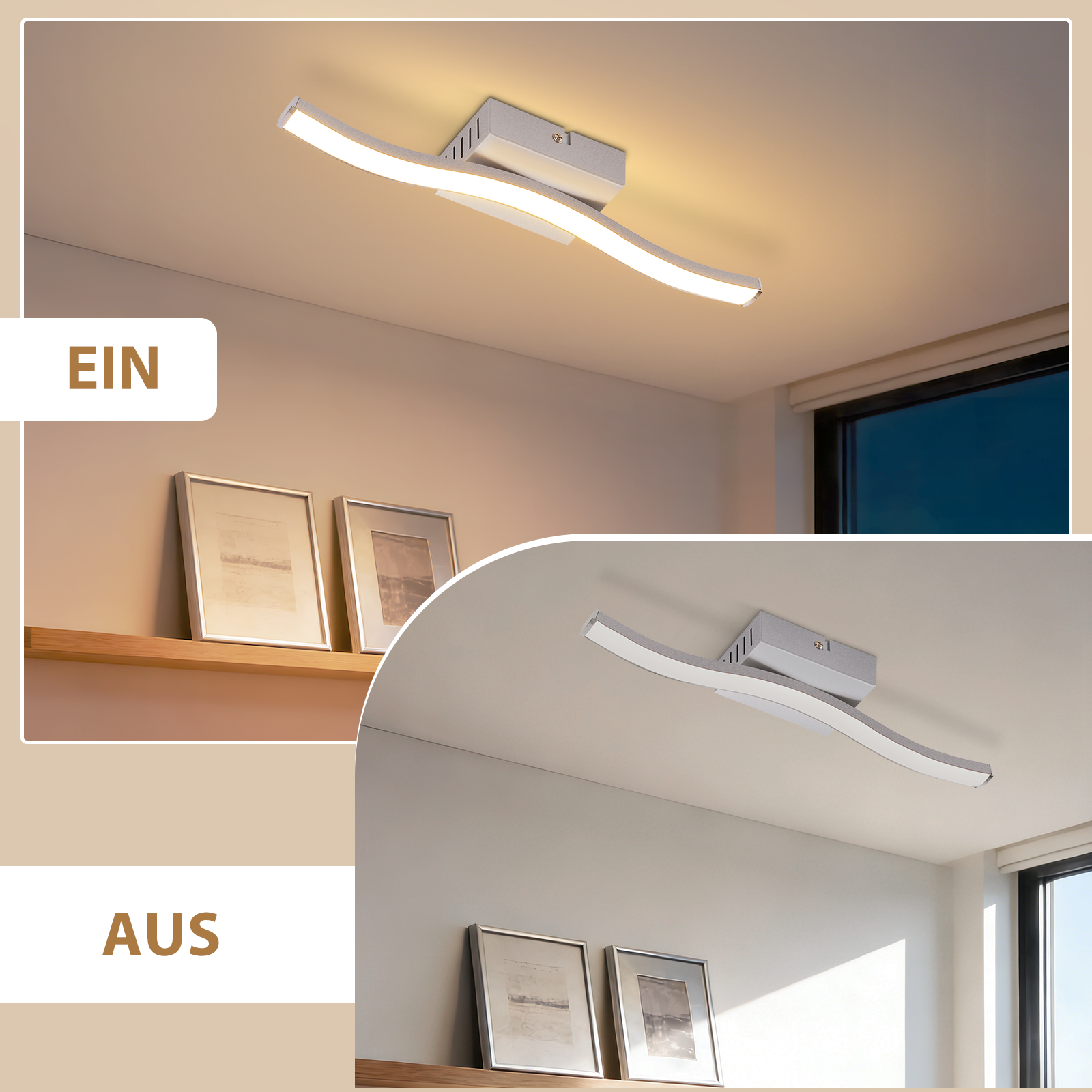 Plafoniera moderna dal design curvo, accesa e spenta.