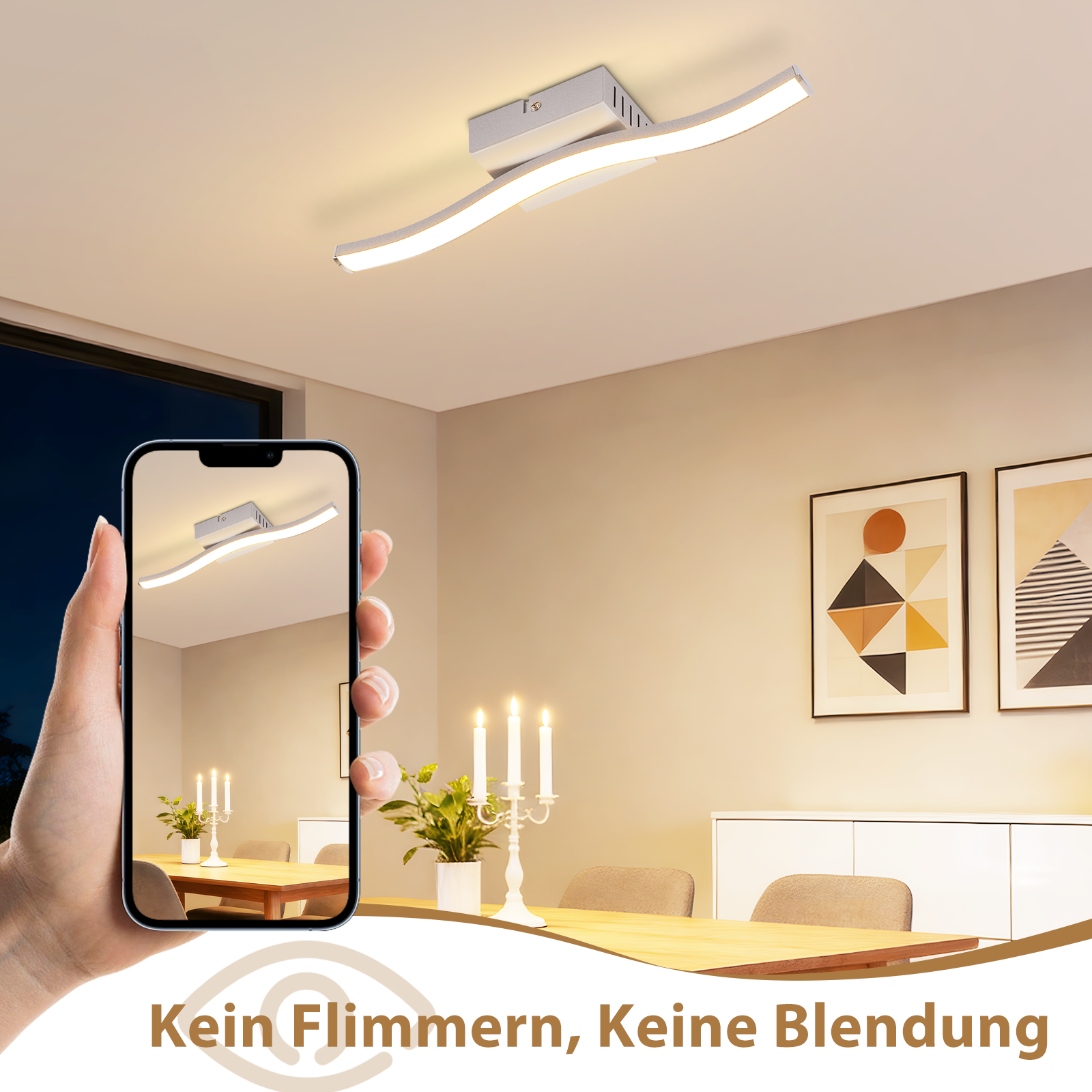Lampada da soffitto moderna con luci curve, mostrata in una sala da pranzo.