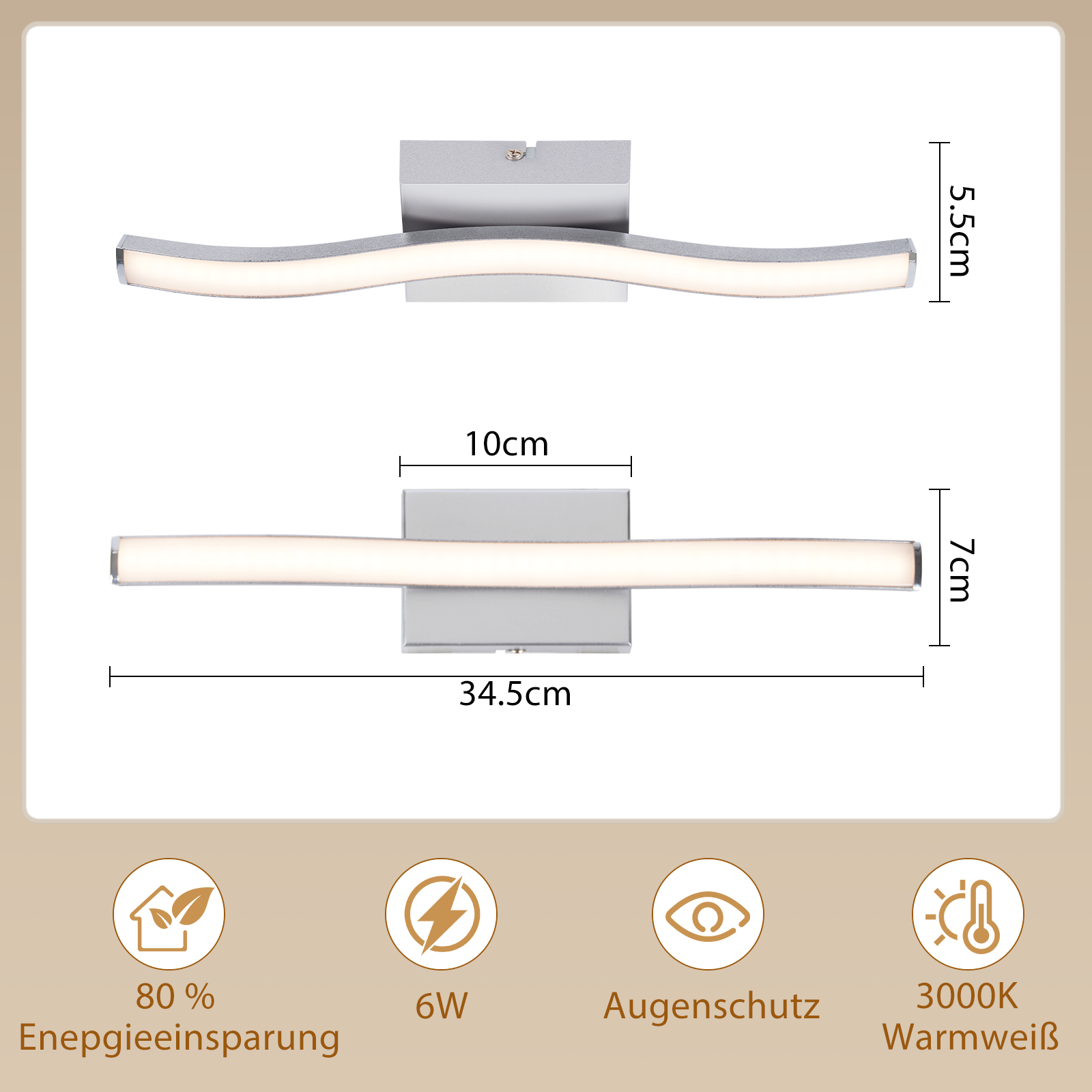 Lampada da parete moderna con striscia luminosa curva. Dimensioni e icone: risparmio energetico, 6W, protezione occhi, 3000K.