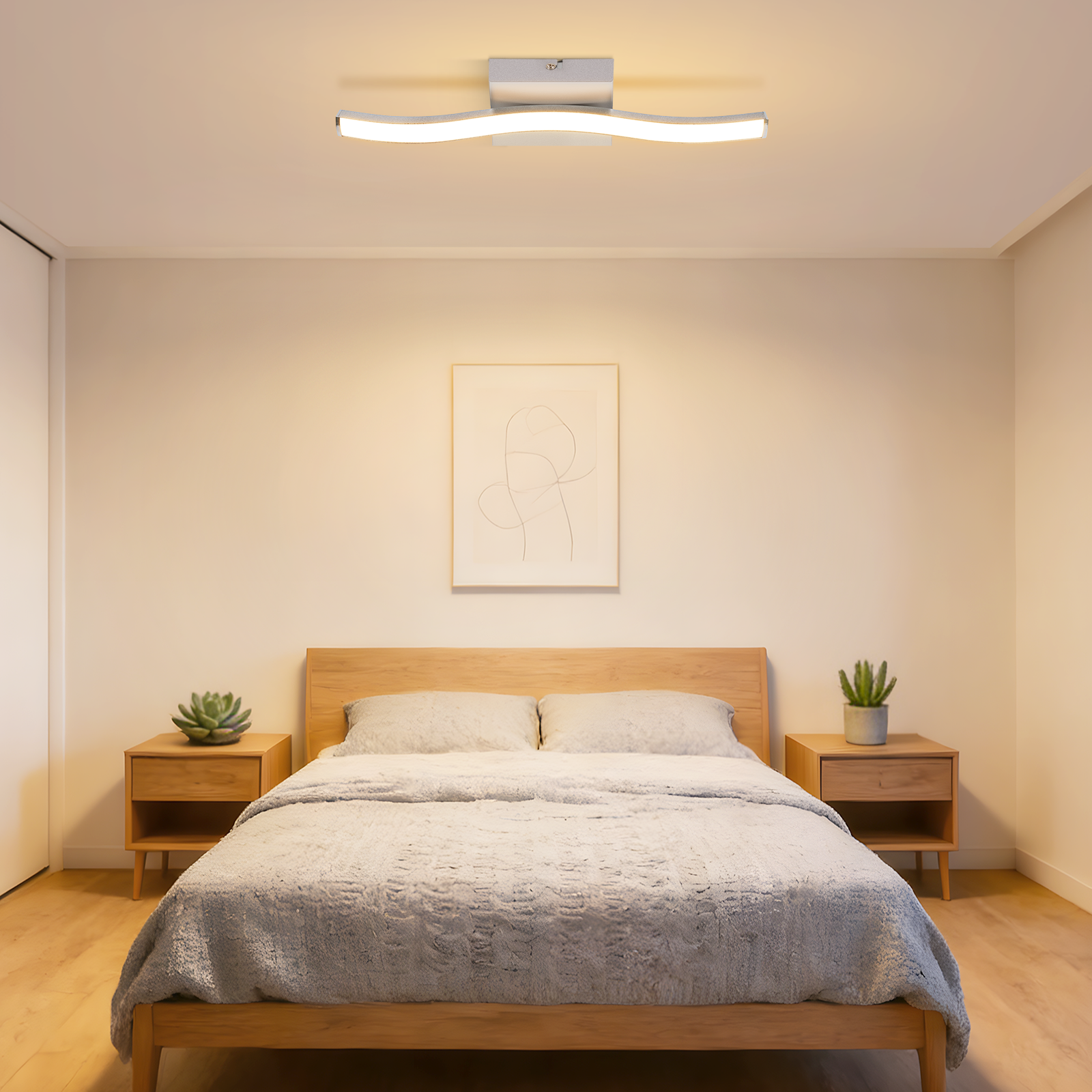 Una camera da letto moderna con letto in legno, due comodini e un quadro astratto.