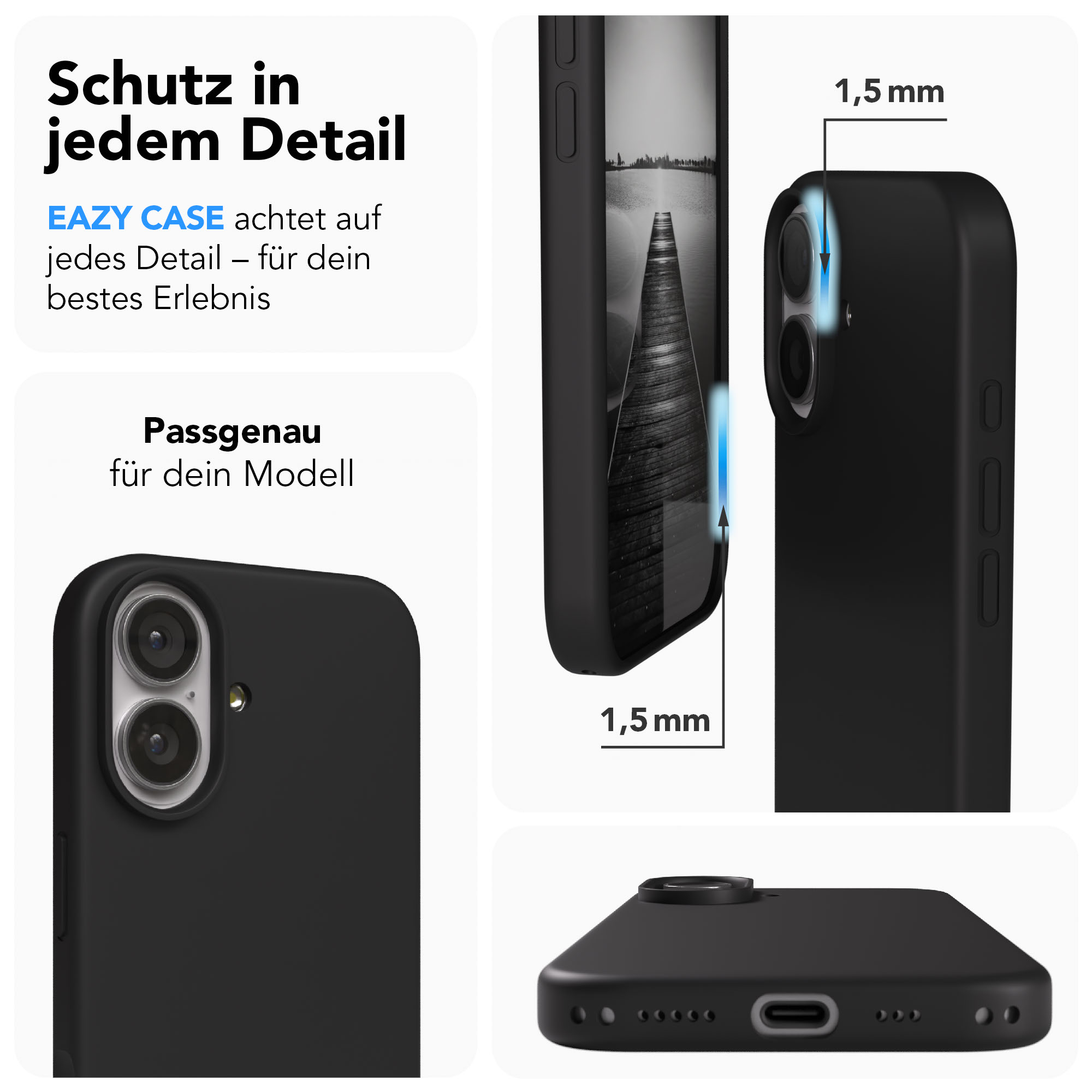 Schwarze Handyhülle mit Fokus auf Details. Zeigt Kameras und 1,5mm Dicke.