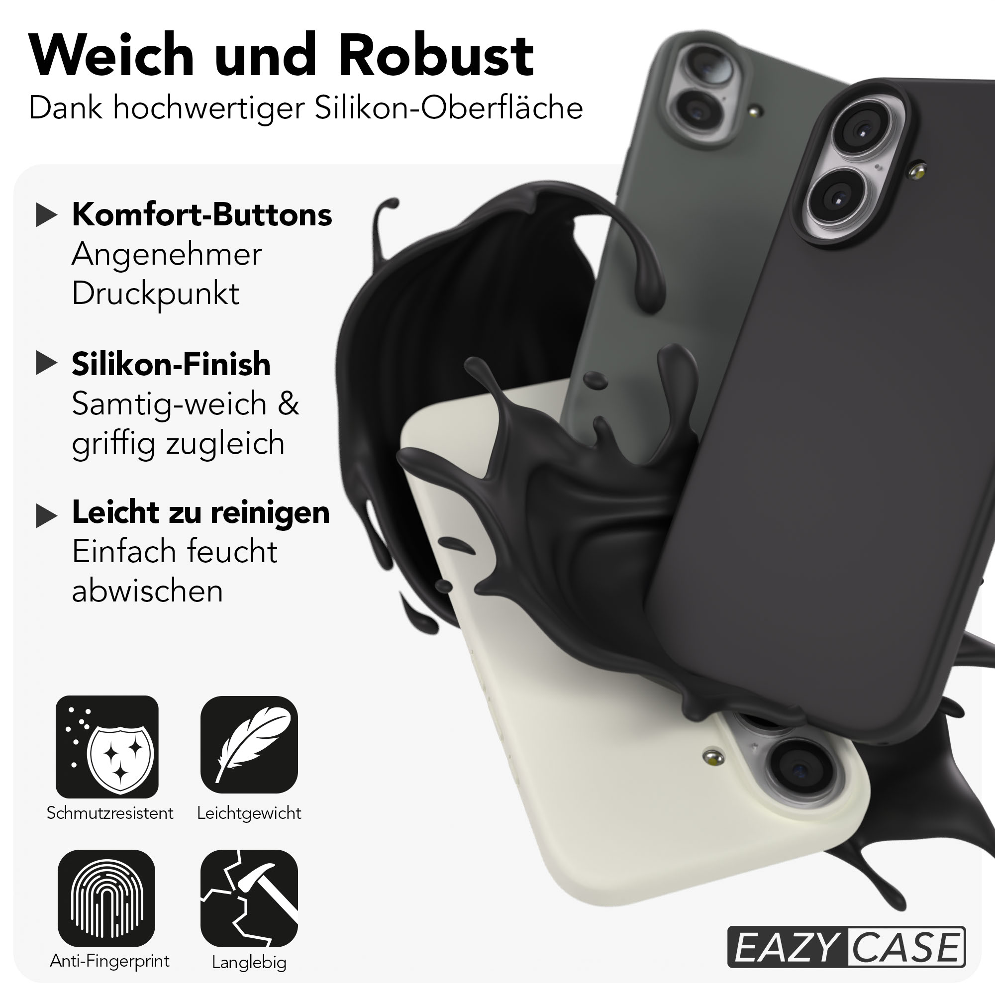 Drei Silikonhüllen für Smartphones, eine schwarze, eine weiße und eine grüne.