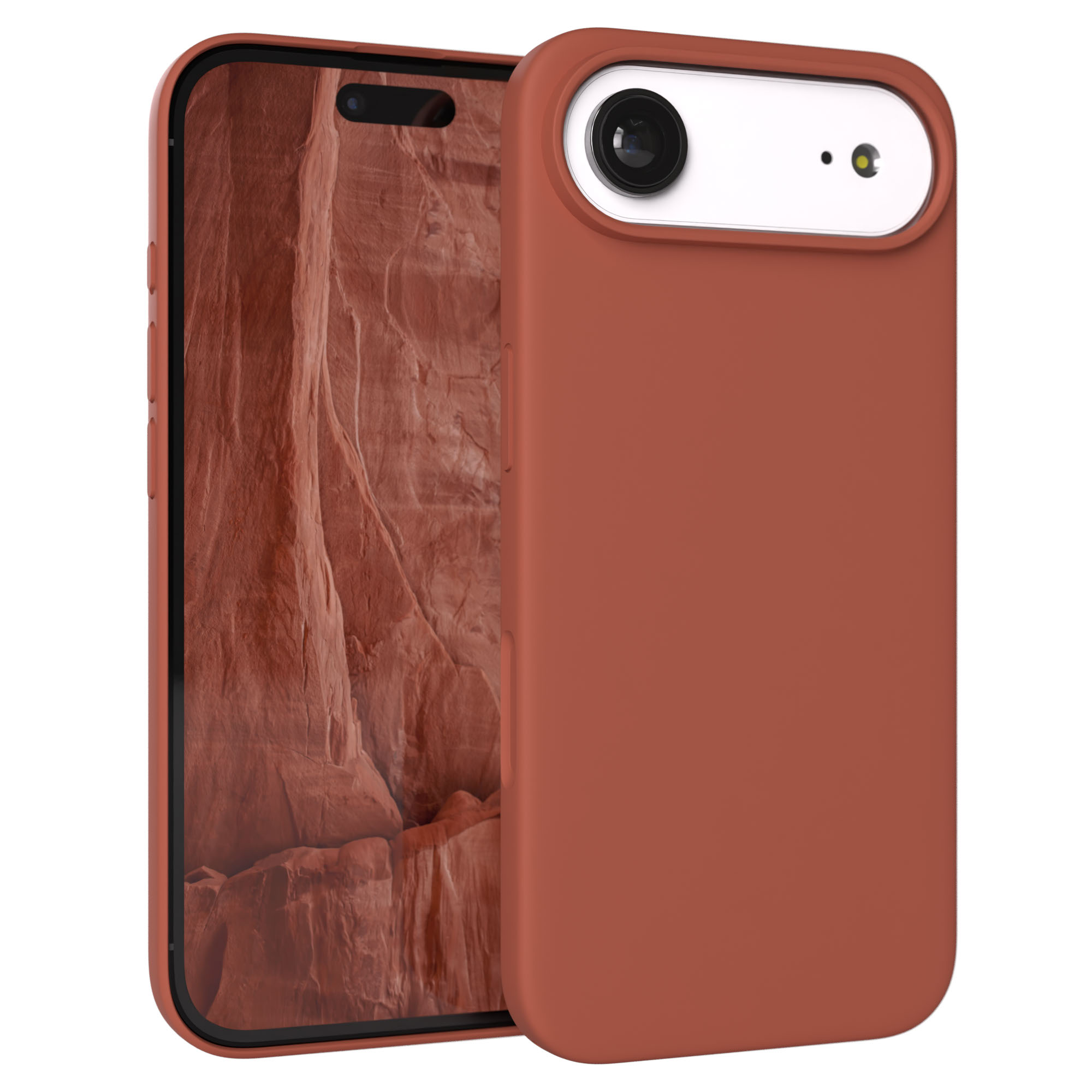 Ein rotes Handy mit Berglandschaft auf dem Bildschirm und Kameramodul.