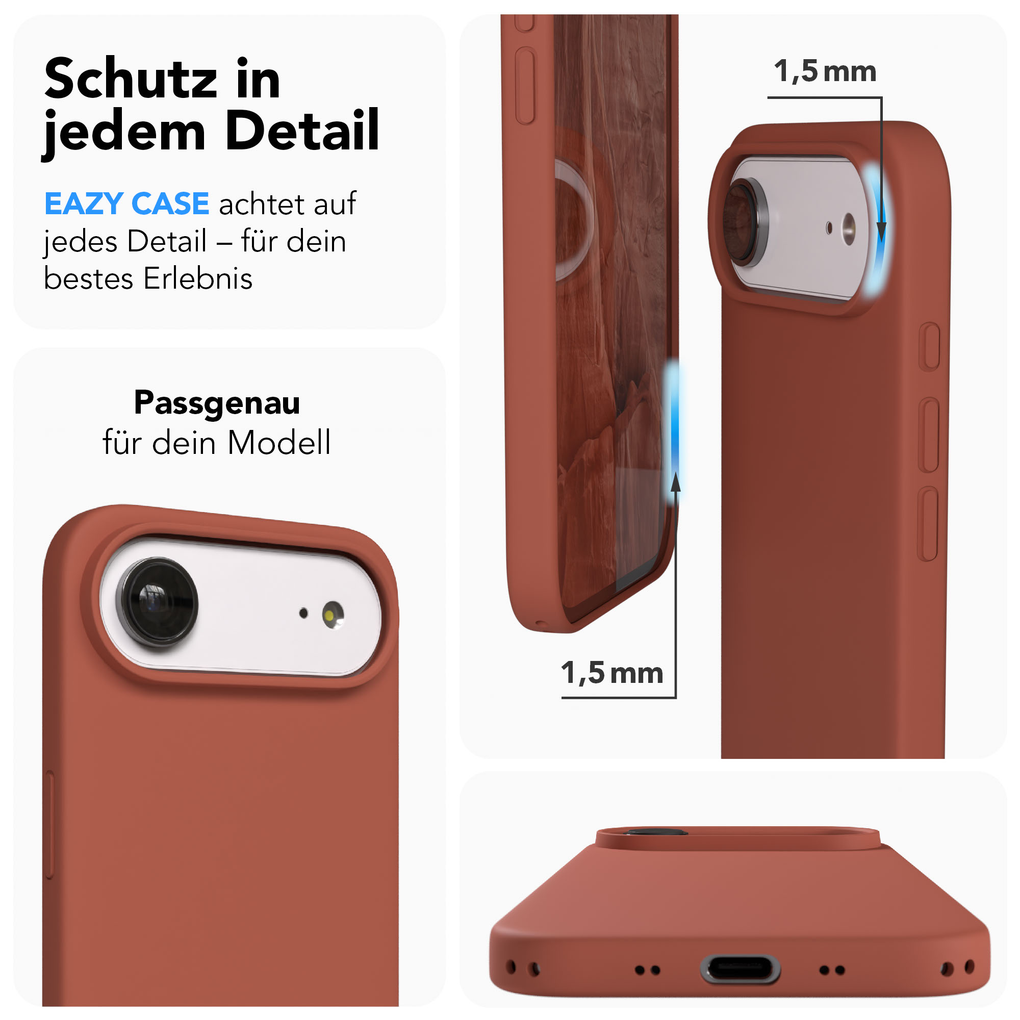 Rote Handyhülle mit Fokus auf Detail und Schutz. Zeigt Kameraaussparung und Dicke.