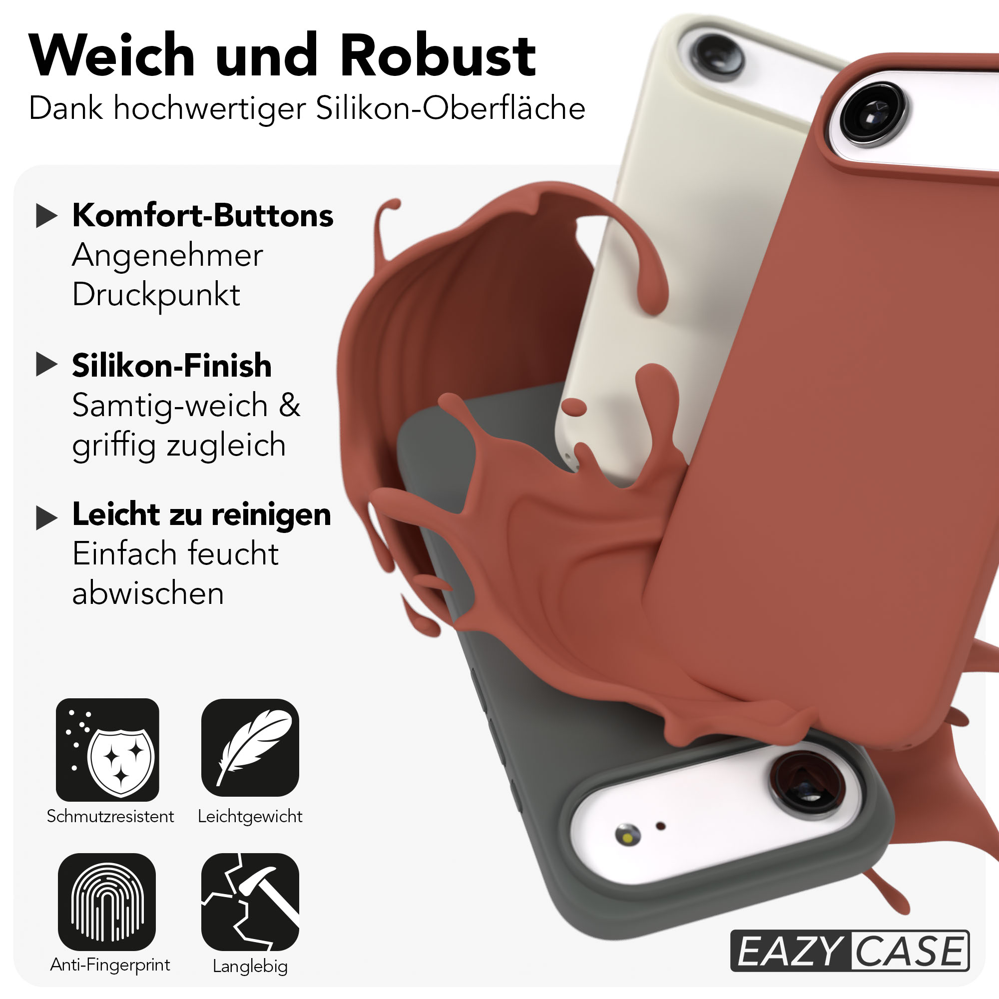 Weiche und robuste Handyhüllen in verschiedenen Farben mit Silikon-Finish.