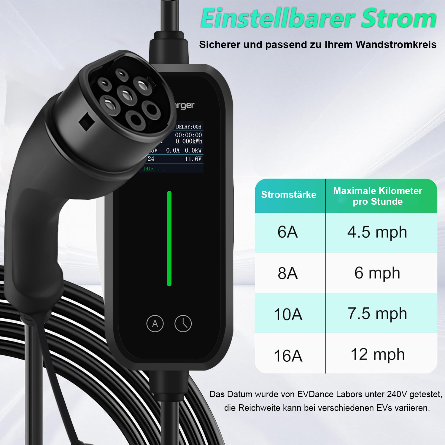 Ein schwarzer EV-Ladestecker mit Kabel und eine Tabelle mit Ladeströmen.