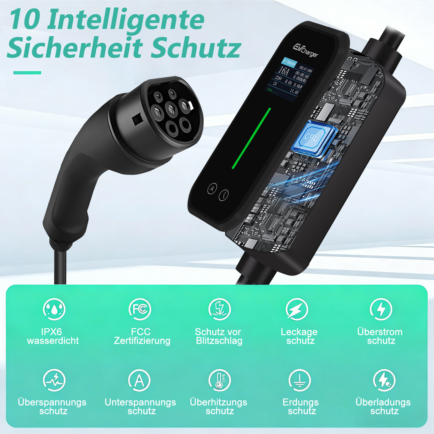 EV Charger mit Ladeanschluss und detailliertem Schaltkreis. Schutzfunktionen aufgeführt.