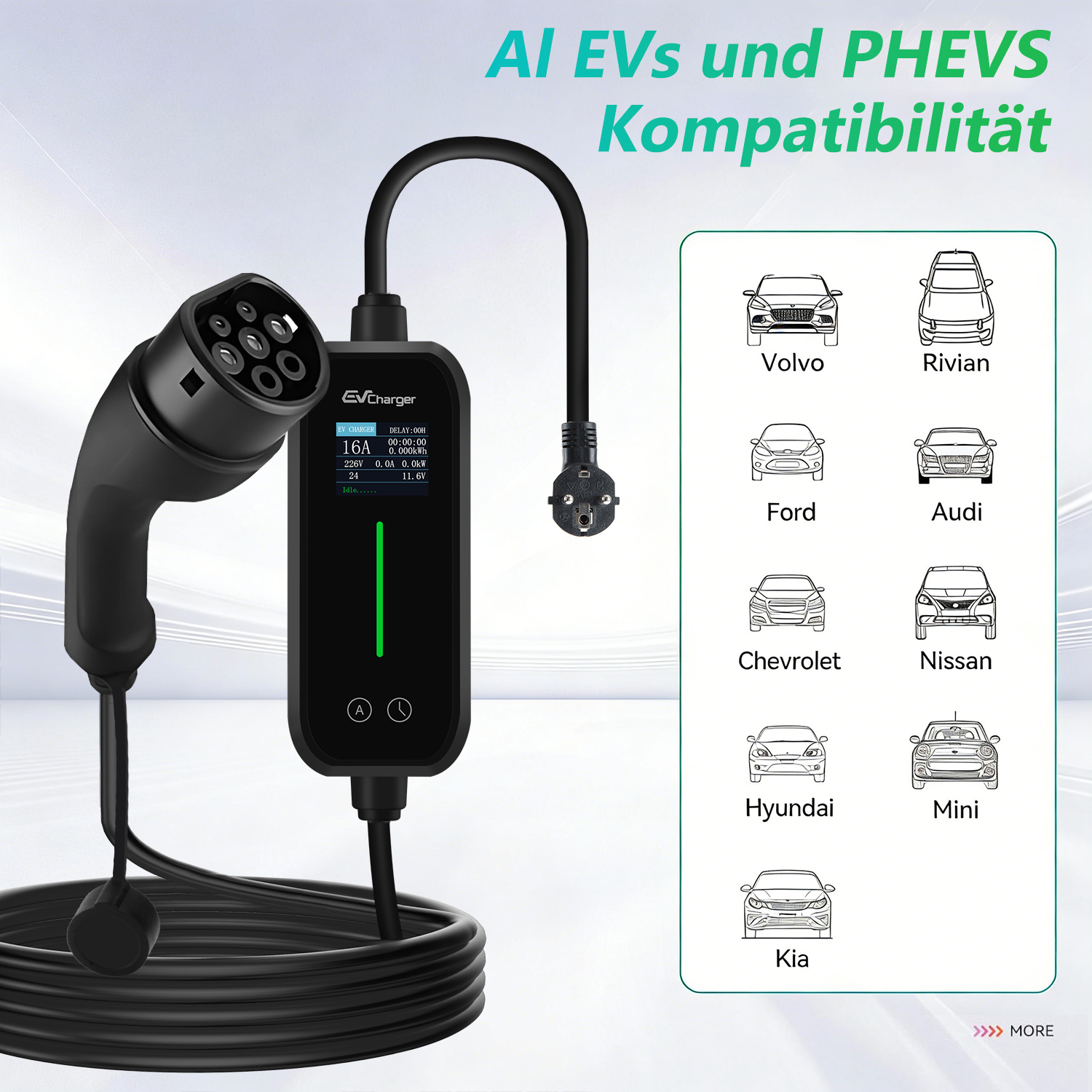 Ladegerät mit Kabel und Liste von E-Autos: Volvo, Rivian, Ford, Audi, Kia.
