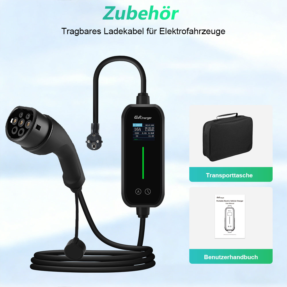 Tragbares EV-Ladegerät mit Kabel, Tasche und Handbuch.