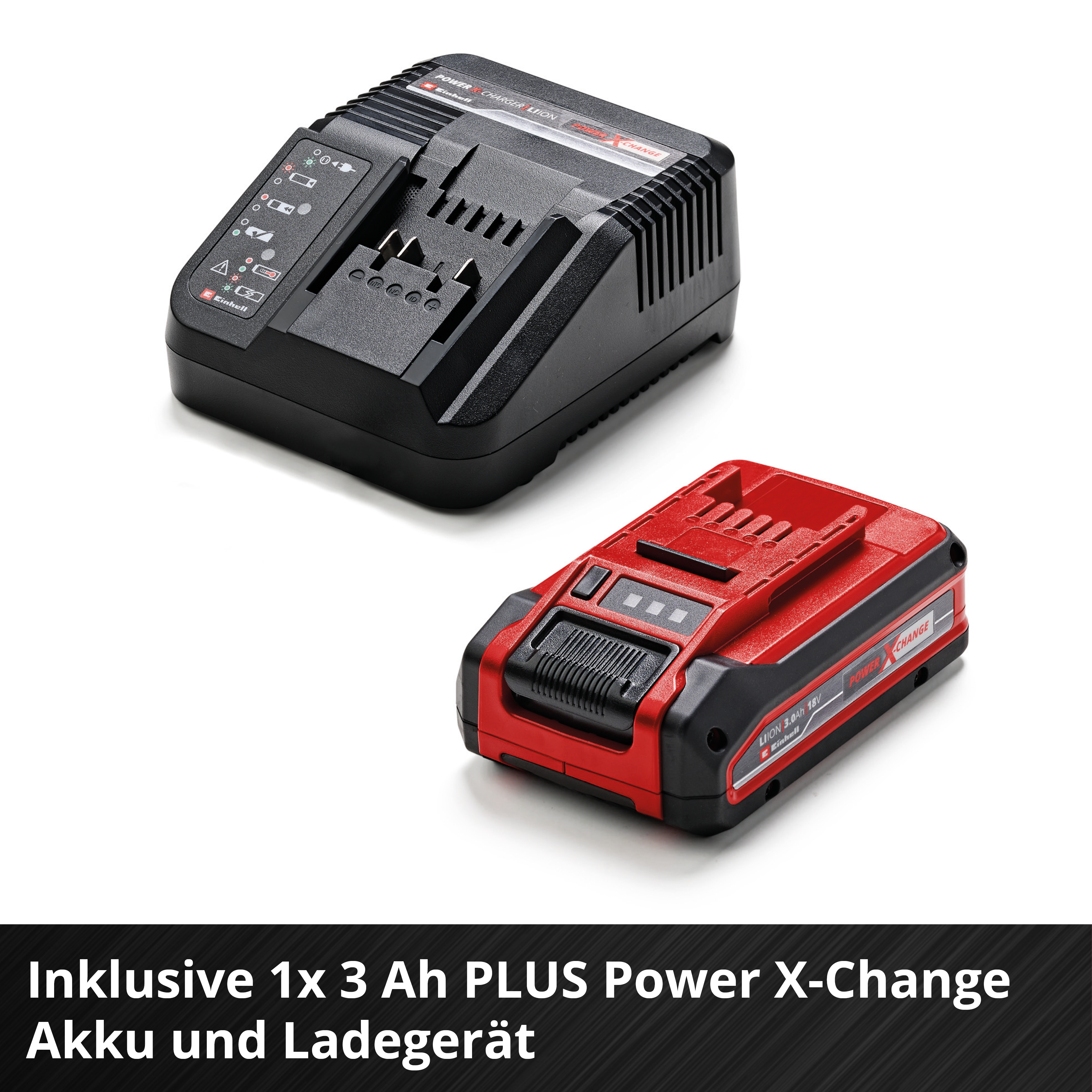 Ein schwarzes Ladegerät und ein roter Akku mit Power X-Change Aufschrift.