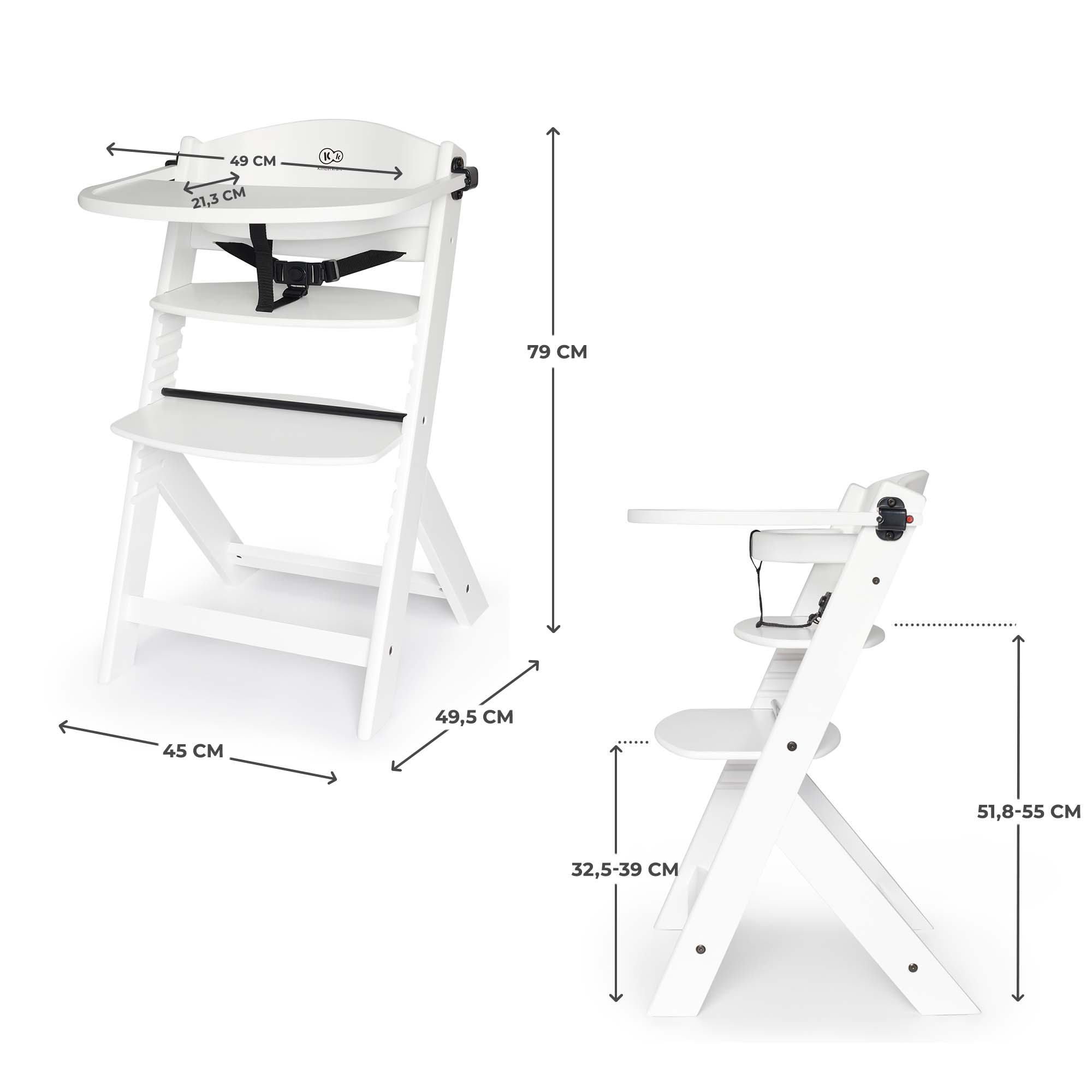 Ein weißer Kinderhochstuhl mit abnehmbarem Tablett und Gurten, Maße sind angegeben.