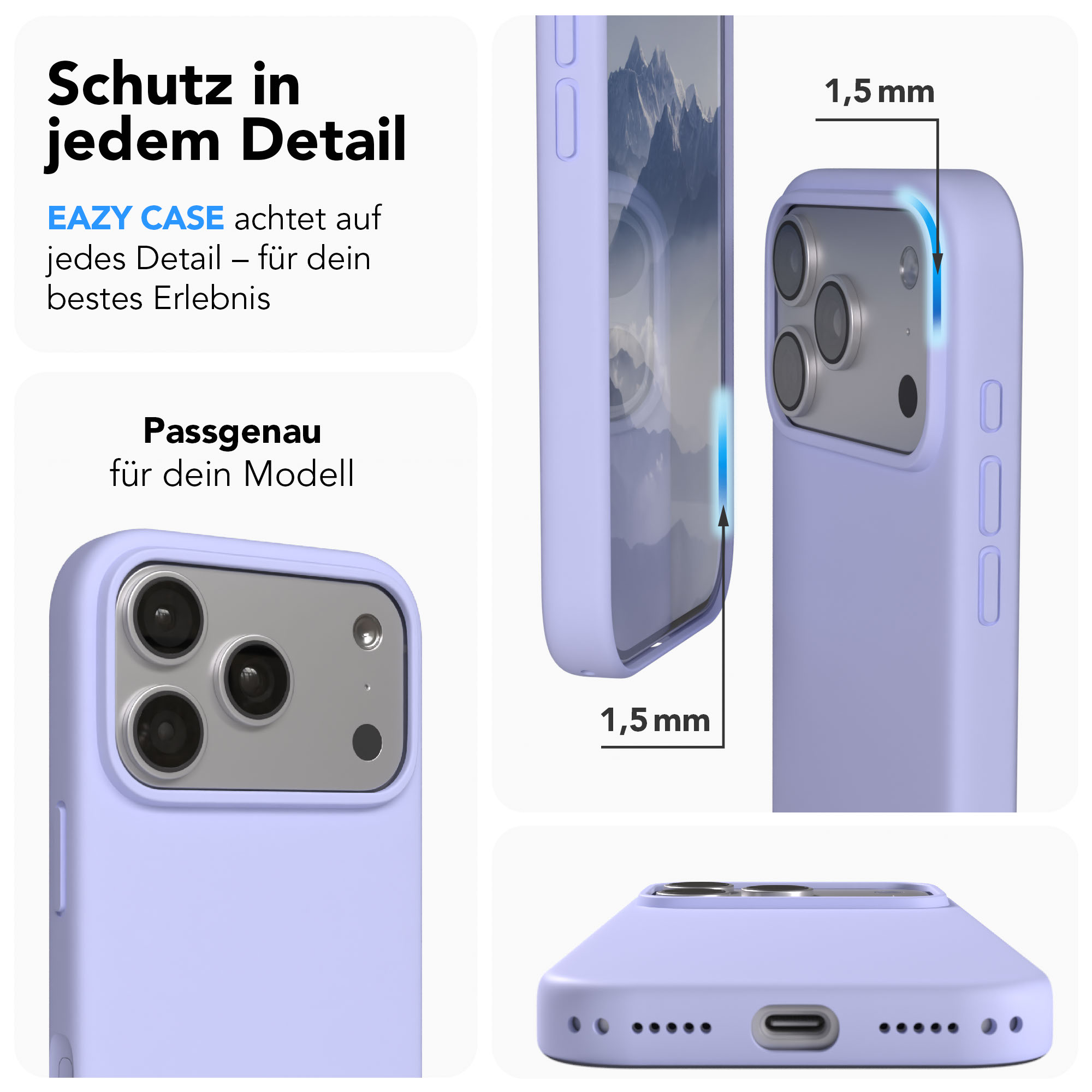 Ein lila Handyhülle mit Fokus auf Details wie Kamera und Anschlüsse.