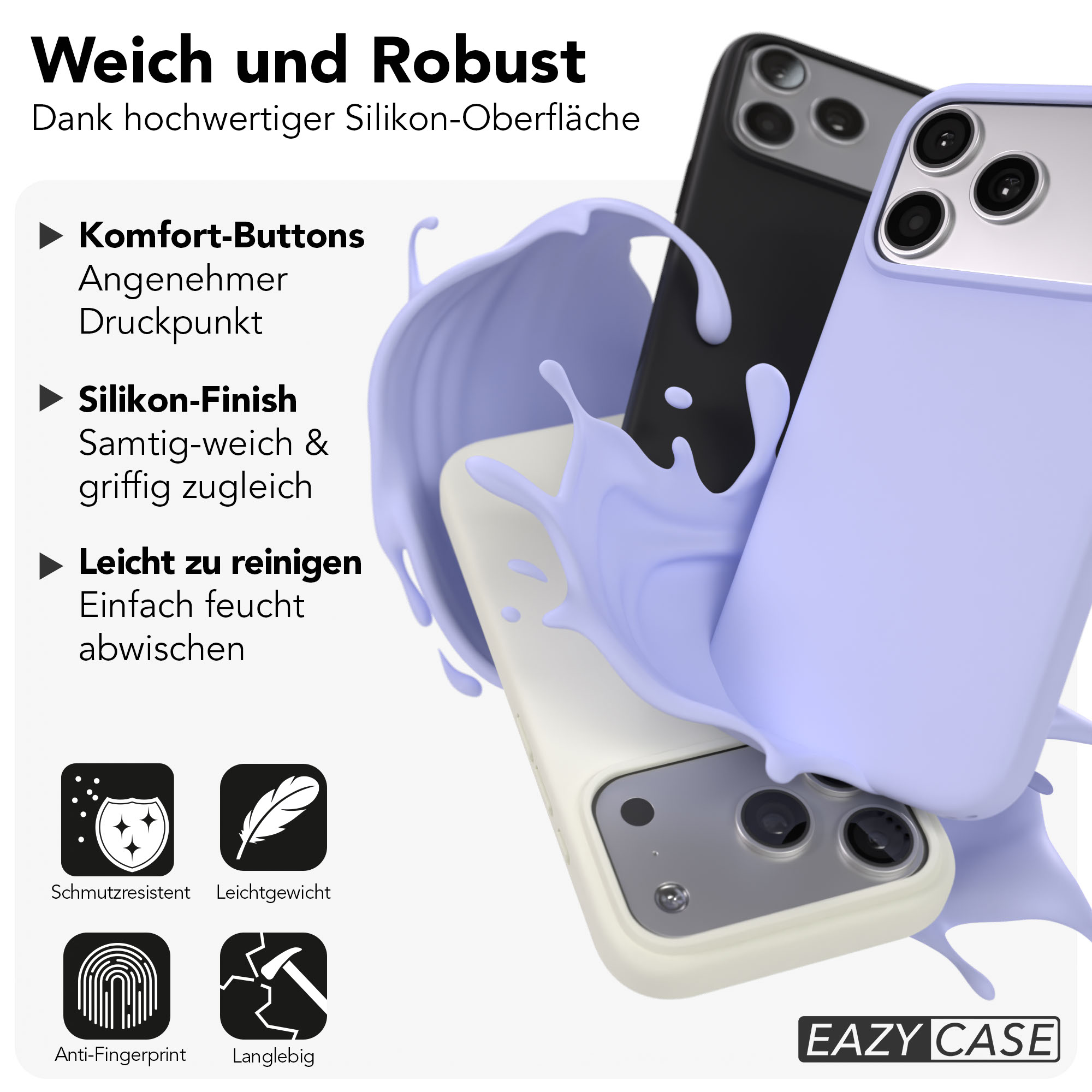 Drei Handyhüllen in Lila, Schwarz und Creme werden mit einem Spritzer lilafarbener Flüssigkeit gezeigt.