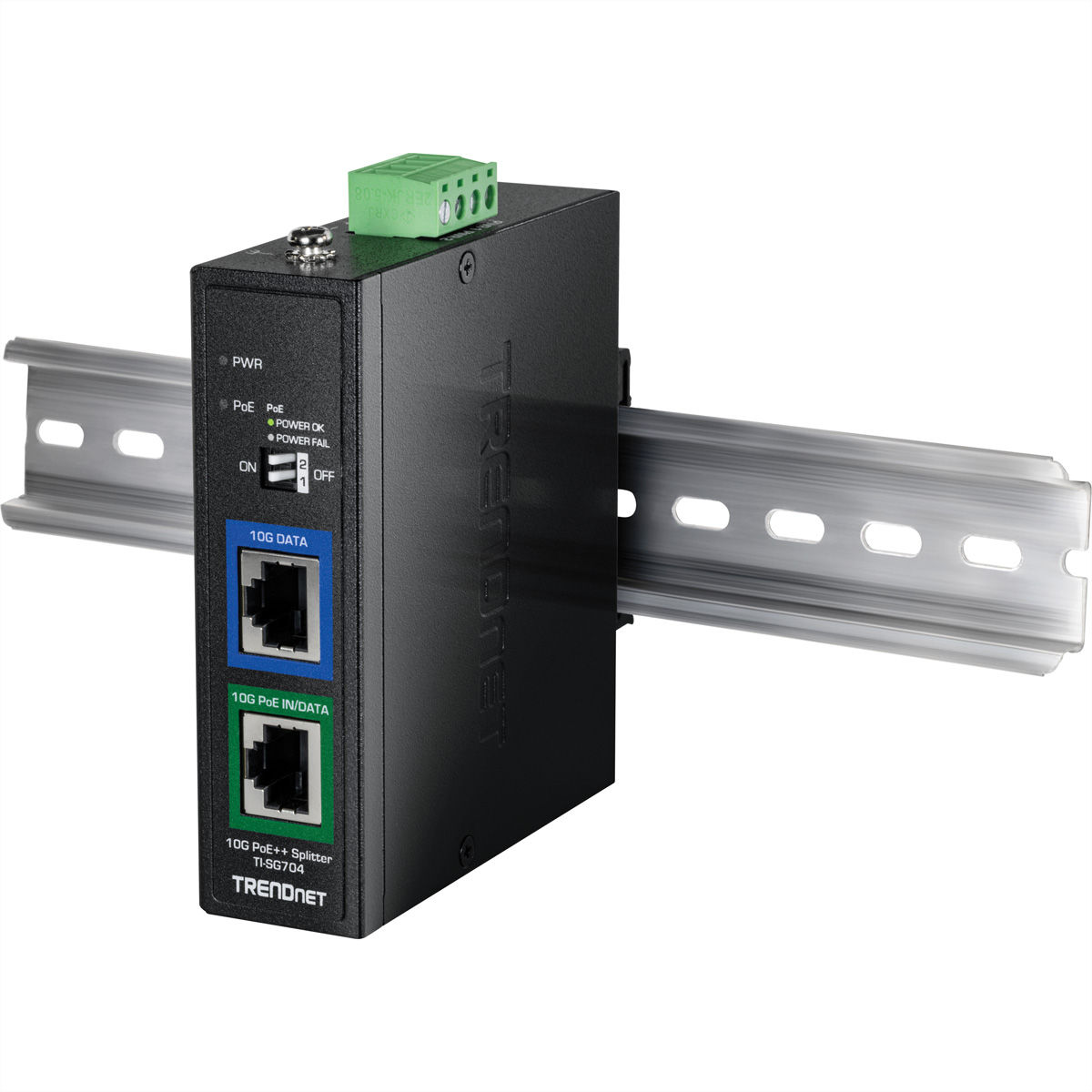 Schwarzer Netzwerk-Splitter mit 2 Anschlüssen auf einer Hutschiene.