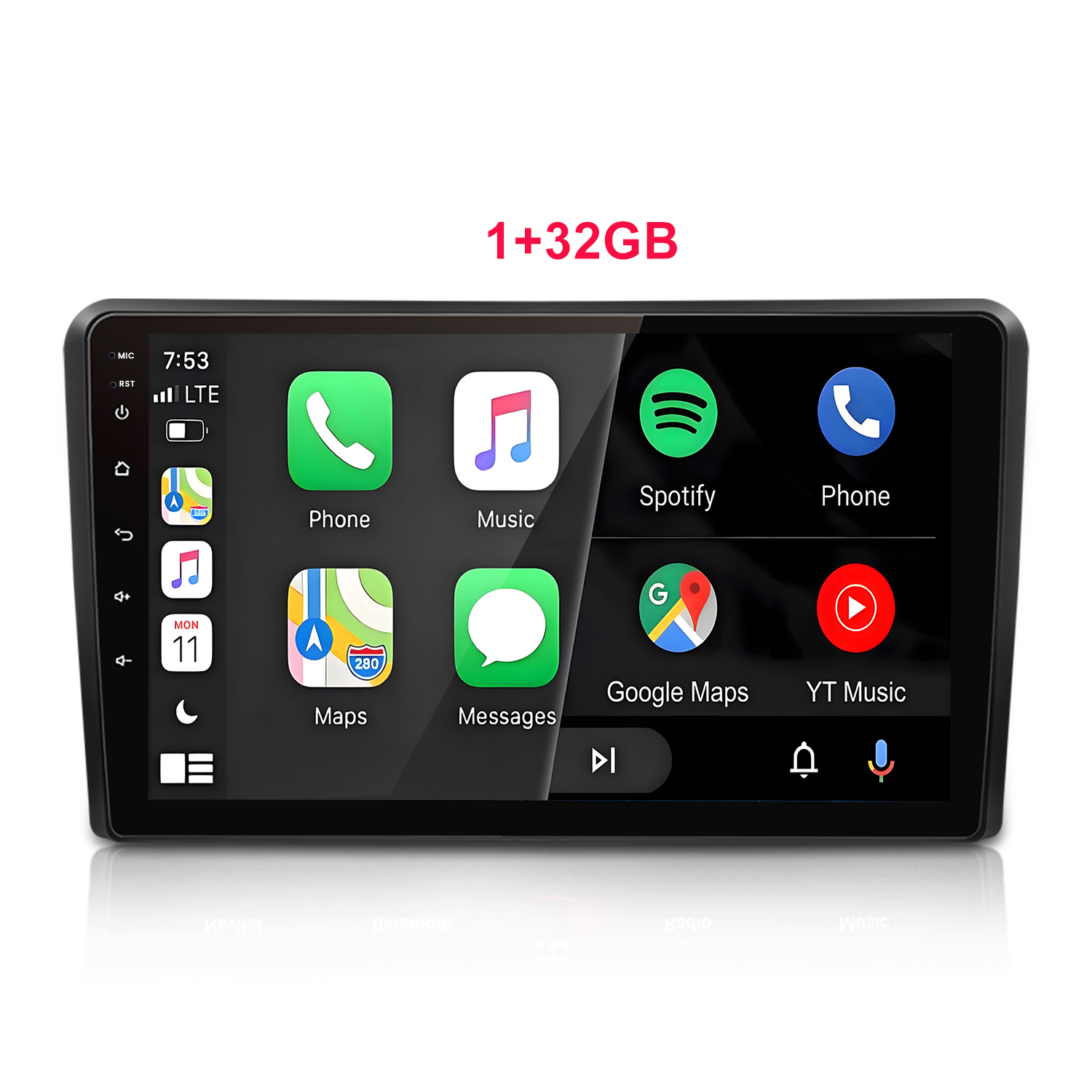 Ein Autoradio-Touchscreen mit App-Symbolen wie Telefon, Musik, Spotify, Karten.