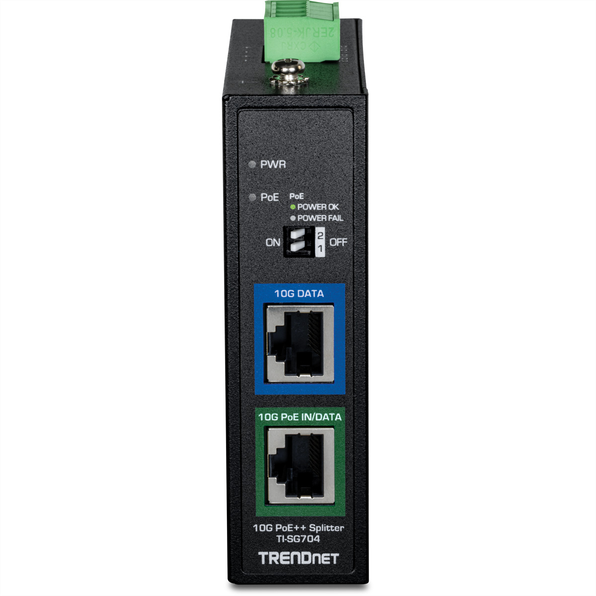 Ein schwarzer Netzwerk-Splitter mit zwei RJ45-Anschlüssen und Status-LEDs.