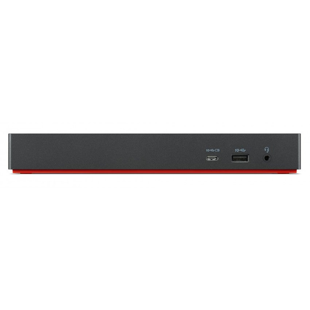 Czarna obudowa z czerwonym paskiem; USB-C, USB-A, gniazdo słuchawkowe.