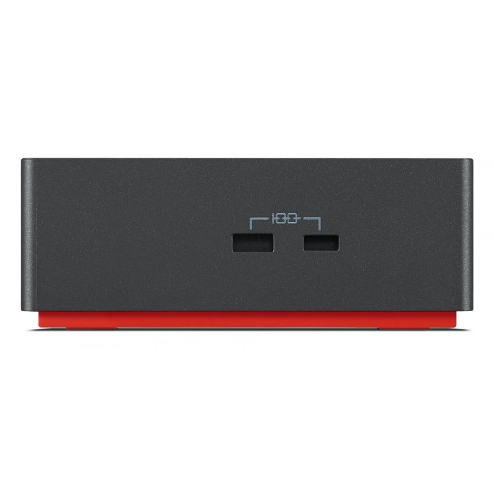 Czarny prostokątny przedmiot z czerwoną linią na dole i dwoma portami USB.
