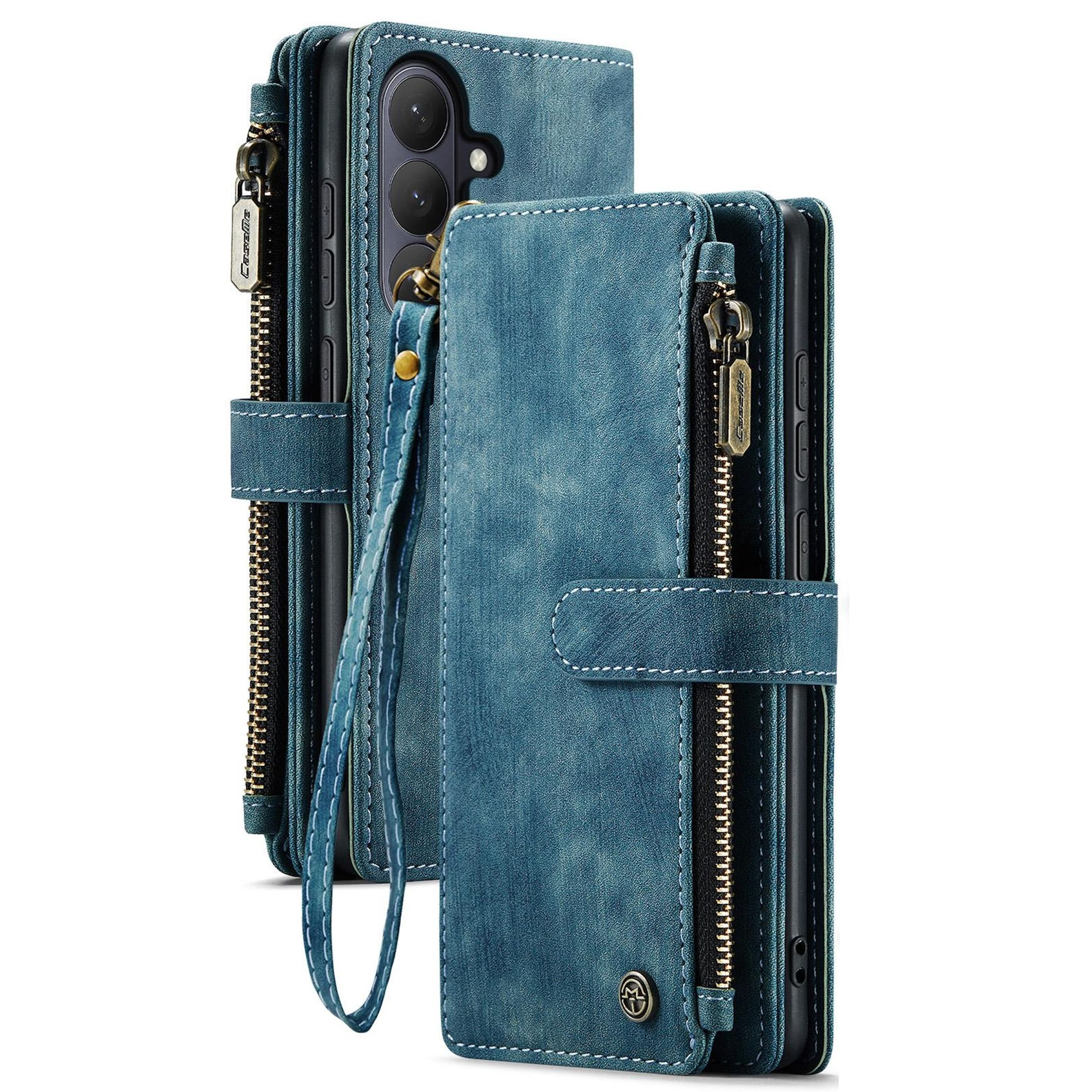 Blaue Leder-Handyhülle mit Reißverschluss und Trageband, zeigt Telefonkamera.