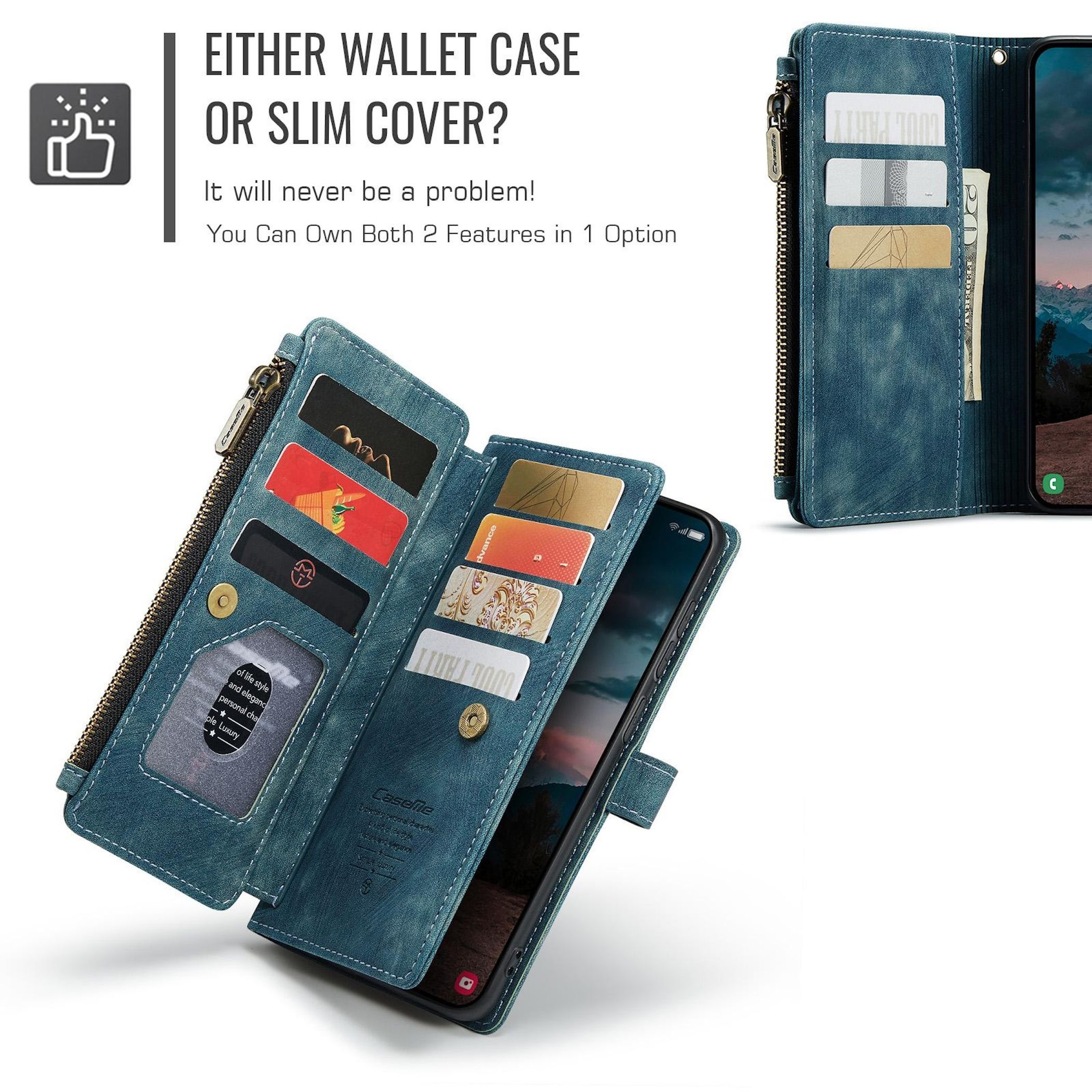 Blaues Leder-Wallet mit Kartenfächern und Handy.