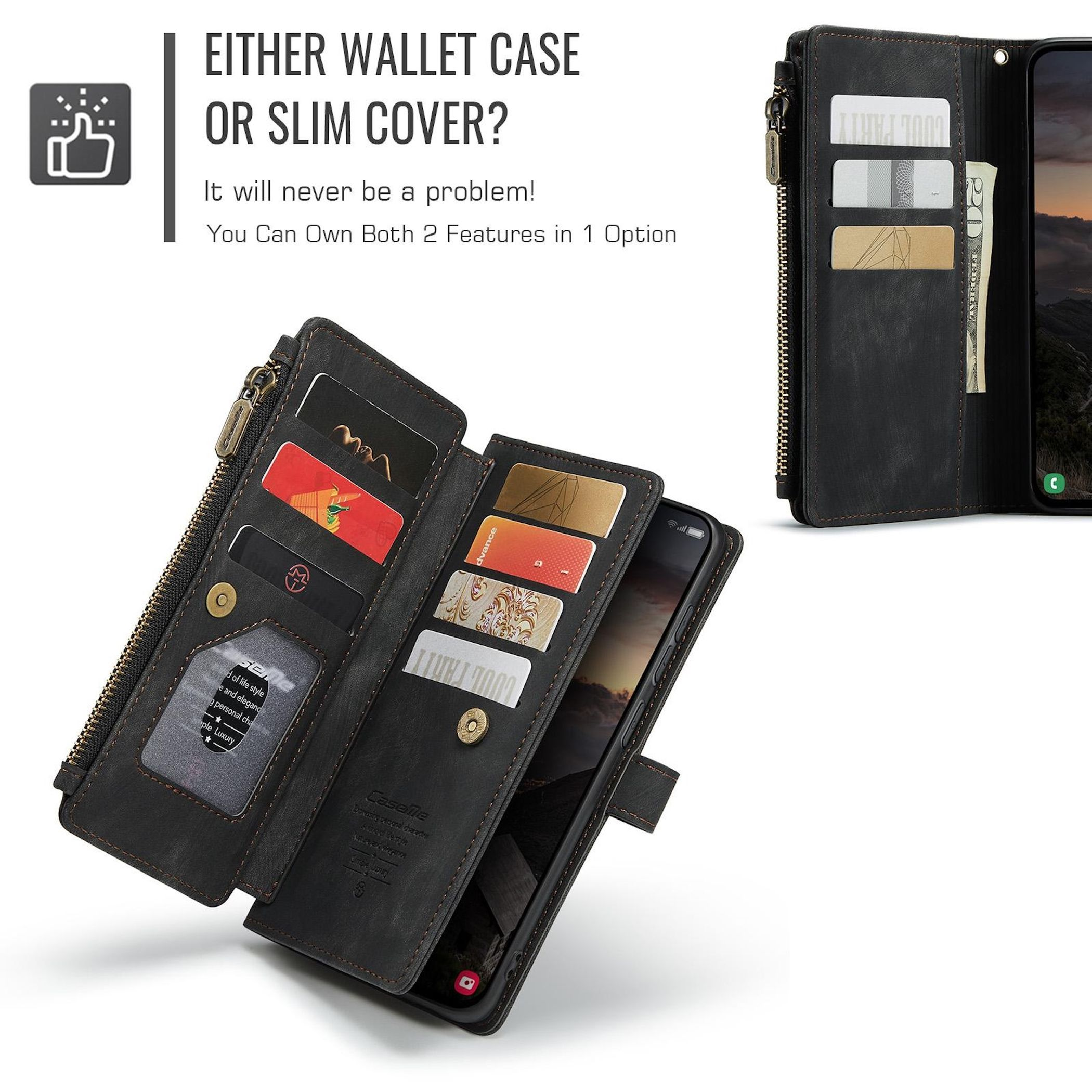Schwarze Brieftaschenhülle mit mehreren Kartenfächern und einem Geldschein.