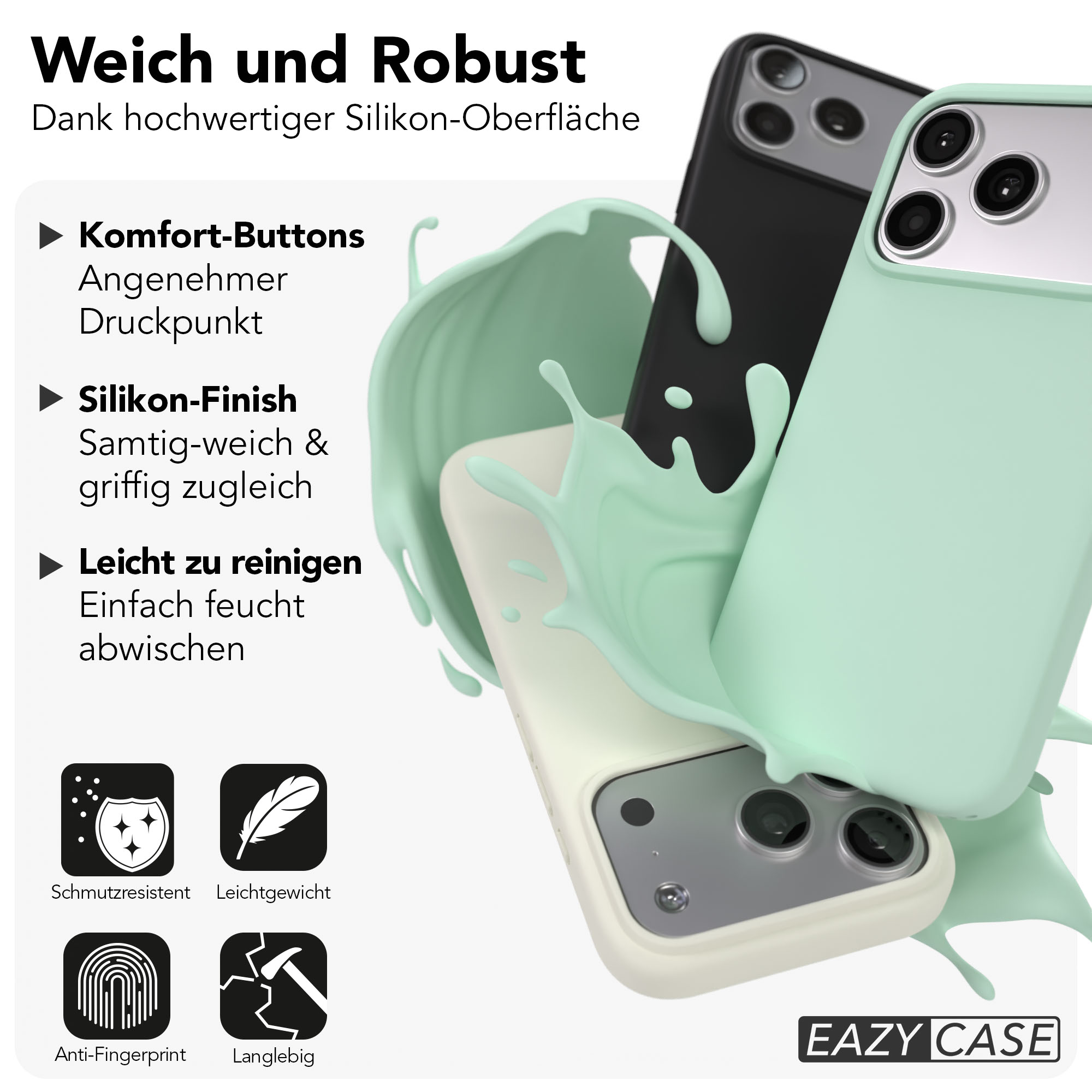 Weiche und robuste Silikonhüllen in Mintgrün und Schwarz mit Kameras.