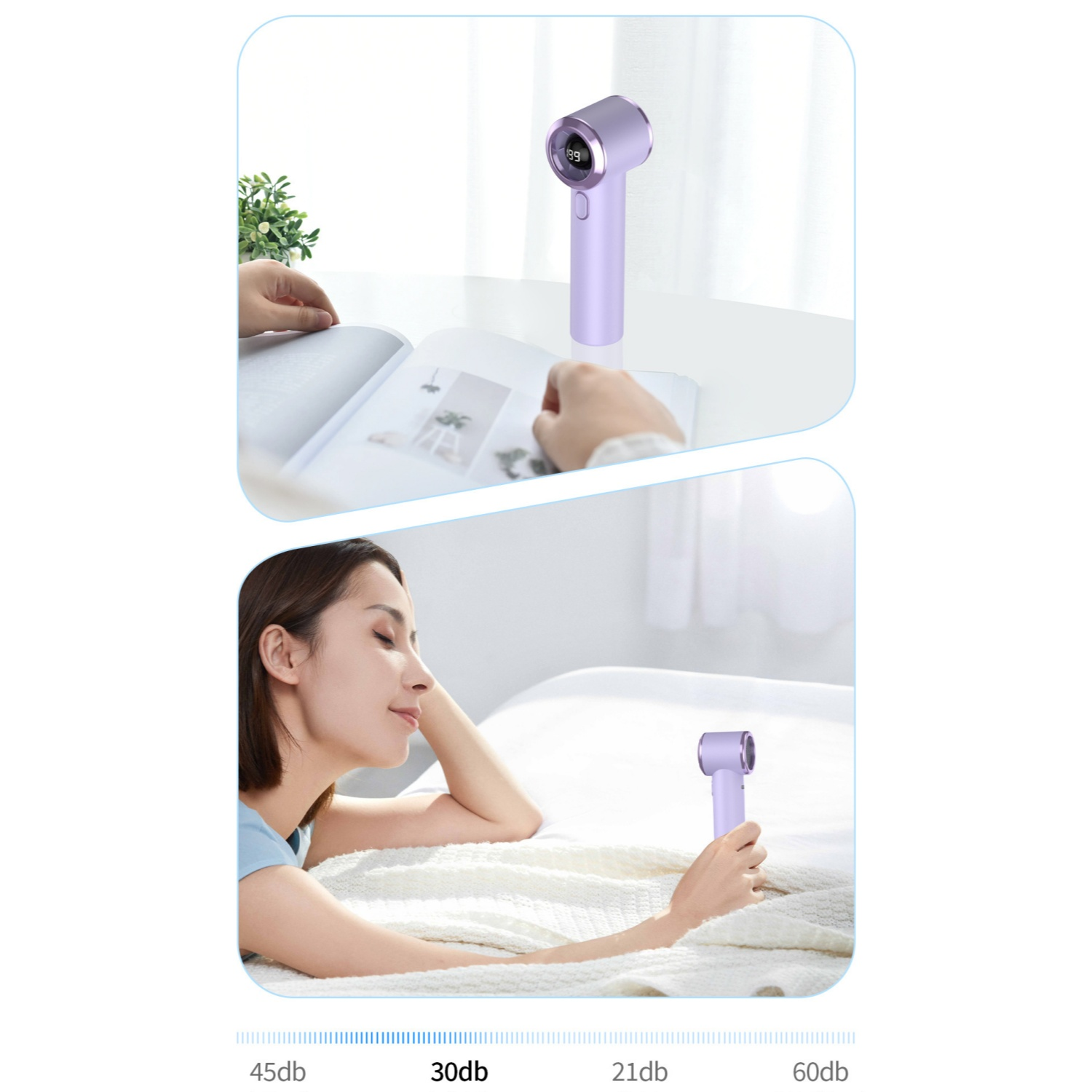 Ein lila Ventilator mit Digitalanzeige auf einem Tisch und neben einer Frau im Bett.