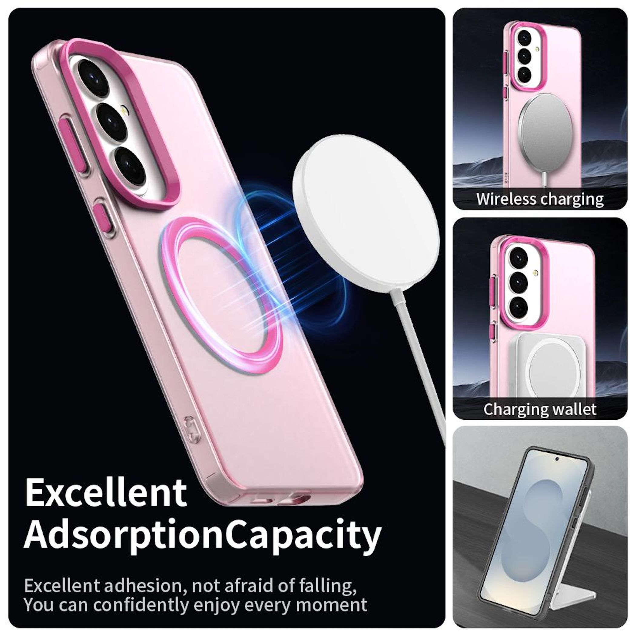 Una funda de teléfono rosa con anillo magnético y cable de carga.