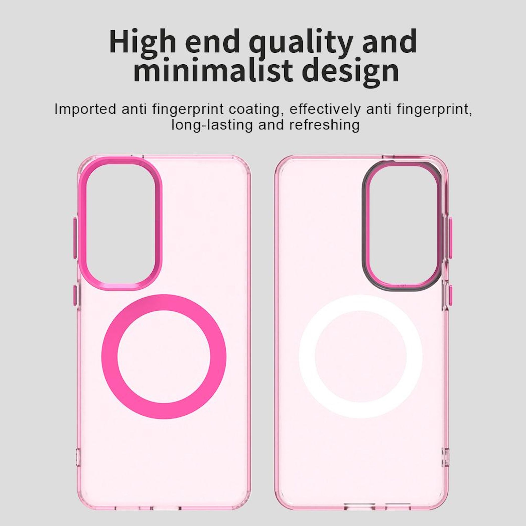 Dos fundas de teléfono rosas transparentes con detalles circulares. Una con círculo rosa, otra blanco.