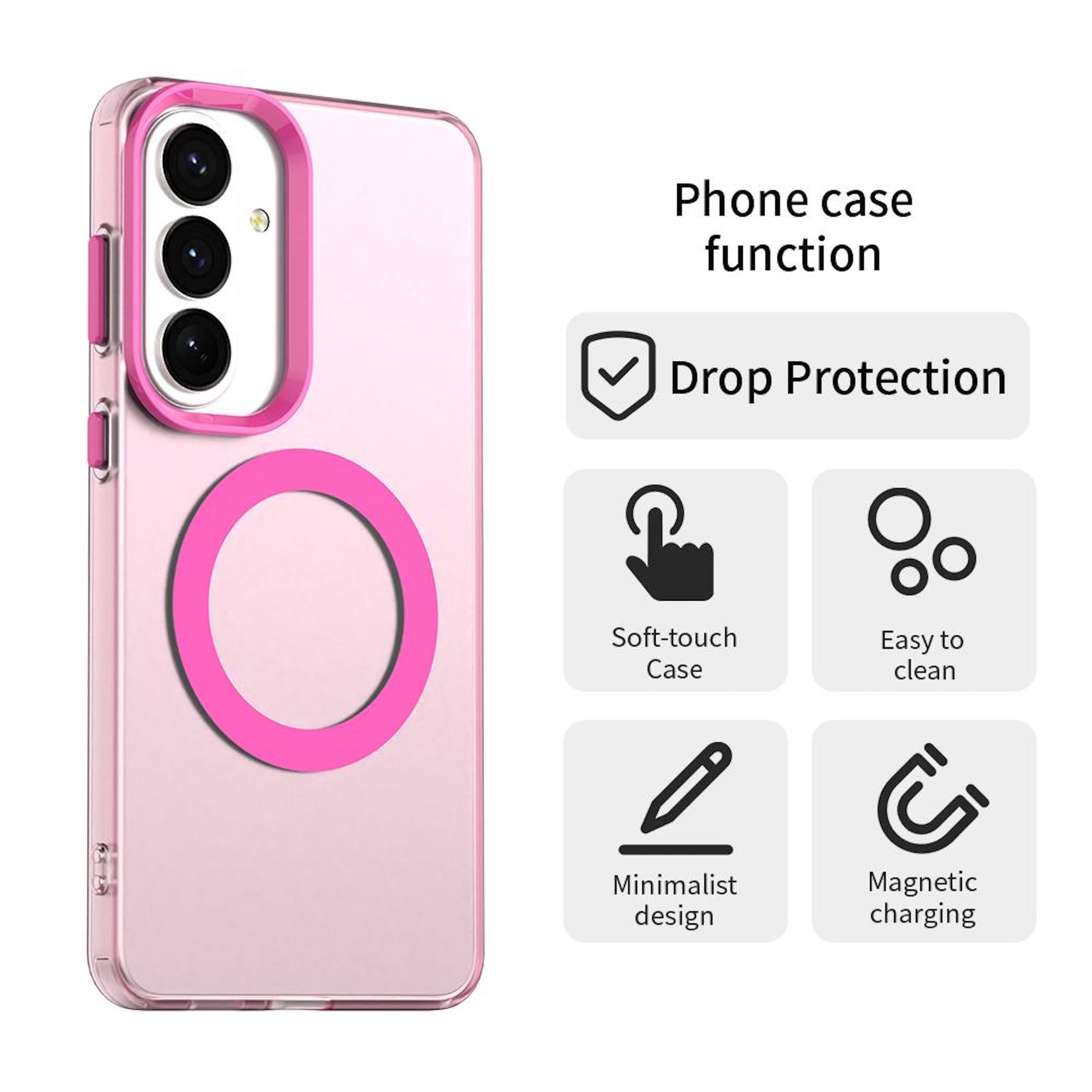 Funda rosa para teléfono con recorte de cámara y anillo magnético. Iconos muestran protección contra caídas, tacto suave, fácil limpieza, minimalista, carga magnética.