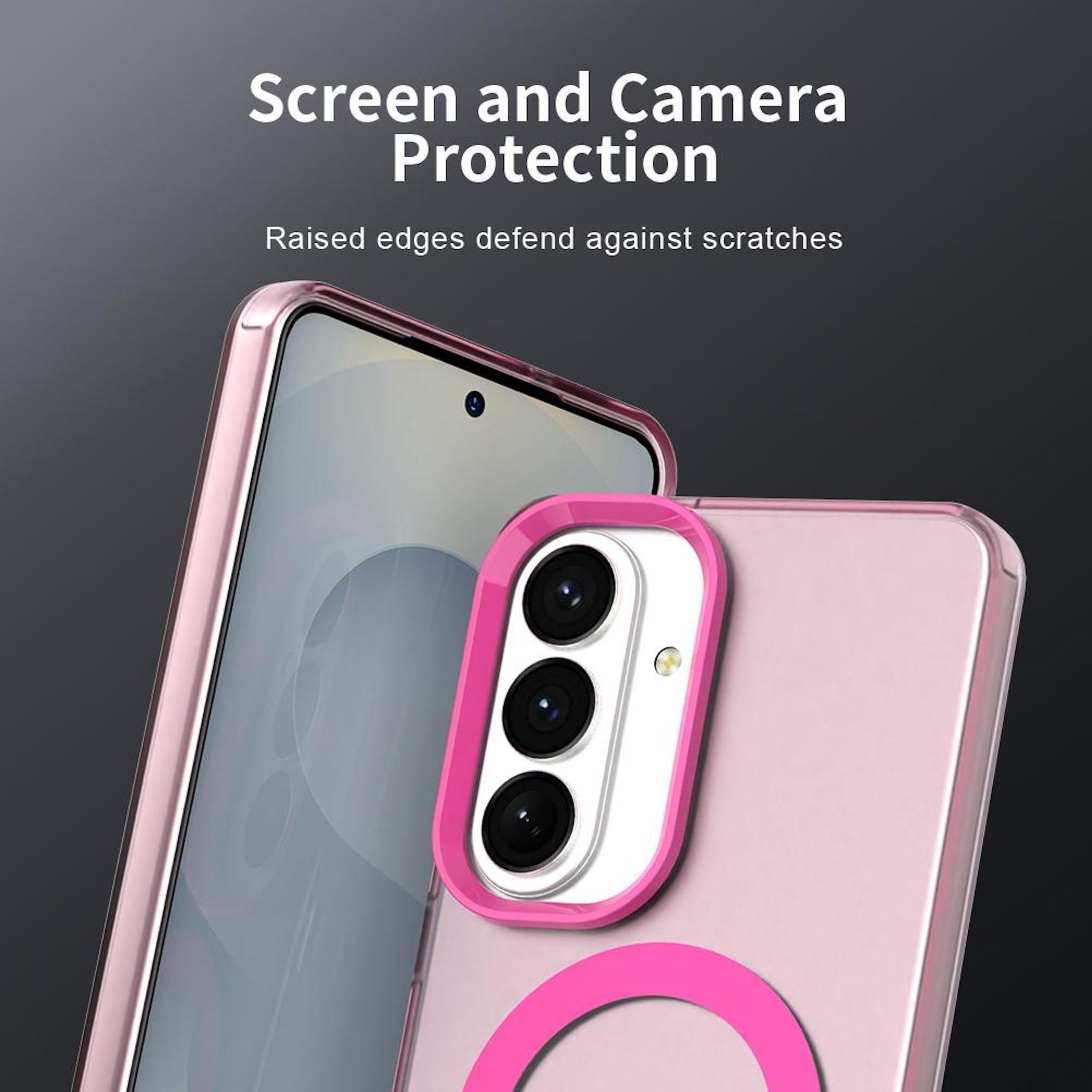 Un teléfono oro rosa con tres cámaras y una funda protectora rosa.
