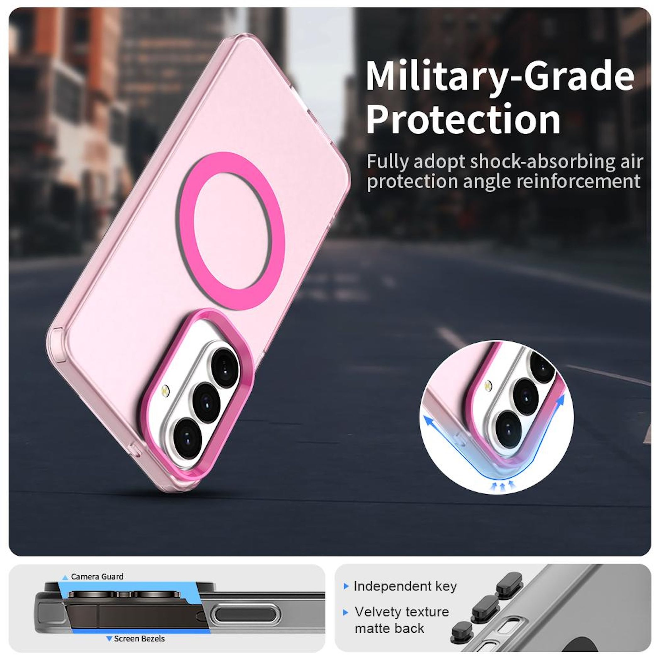 Funda rosa transparente para teléfono con protector de cámara y texto.