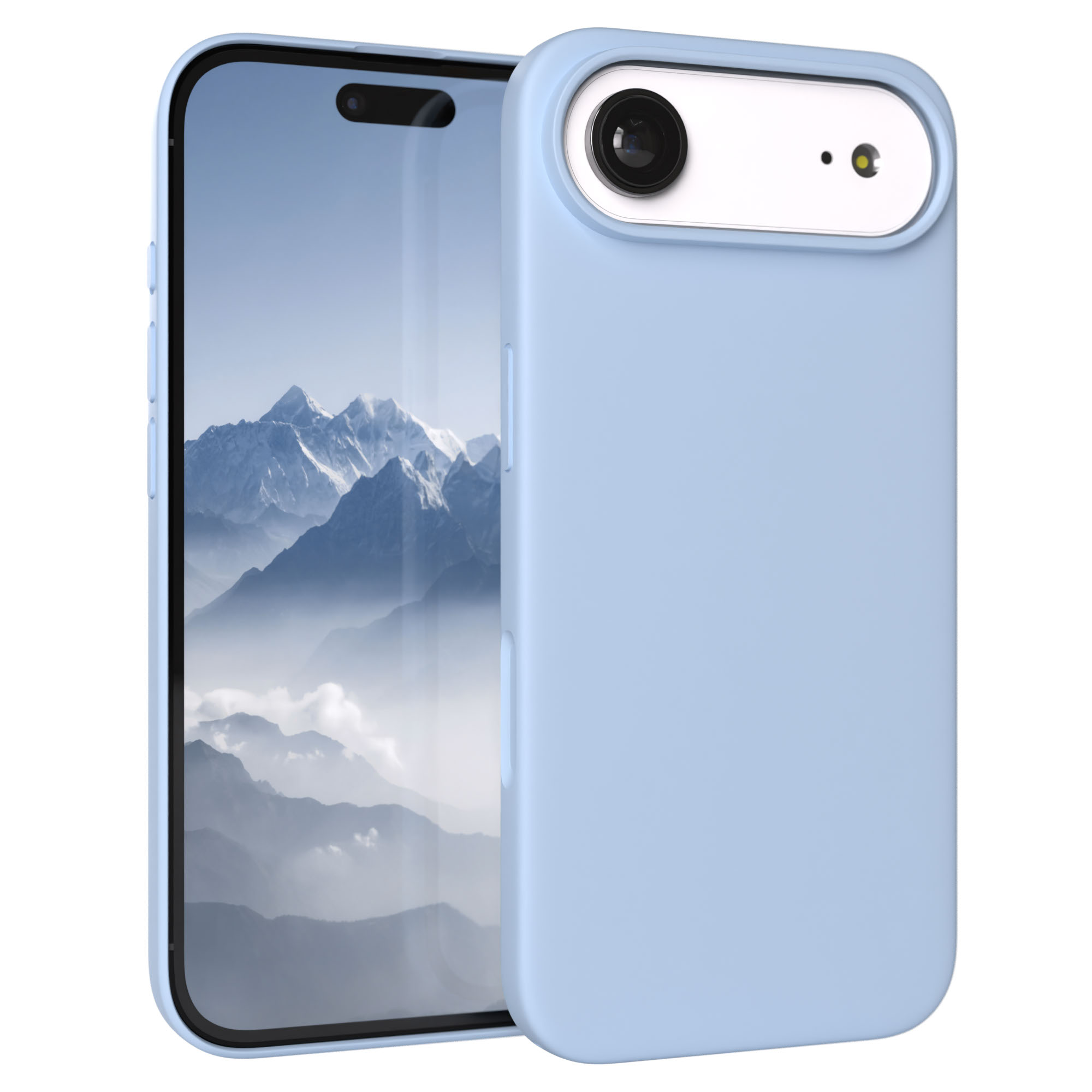 Ein hellblaues Handy mit Berglandschaft auf dem Bildschirm und Kameramodul.