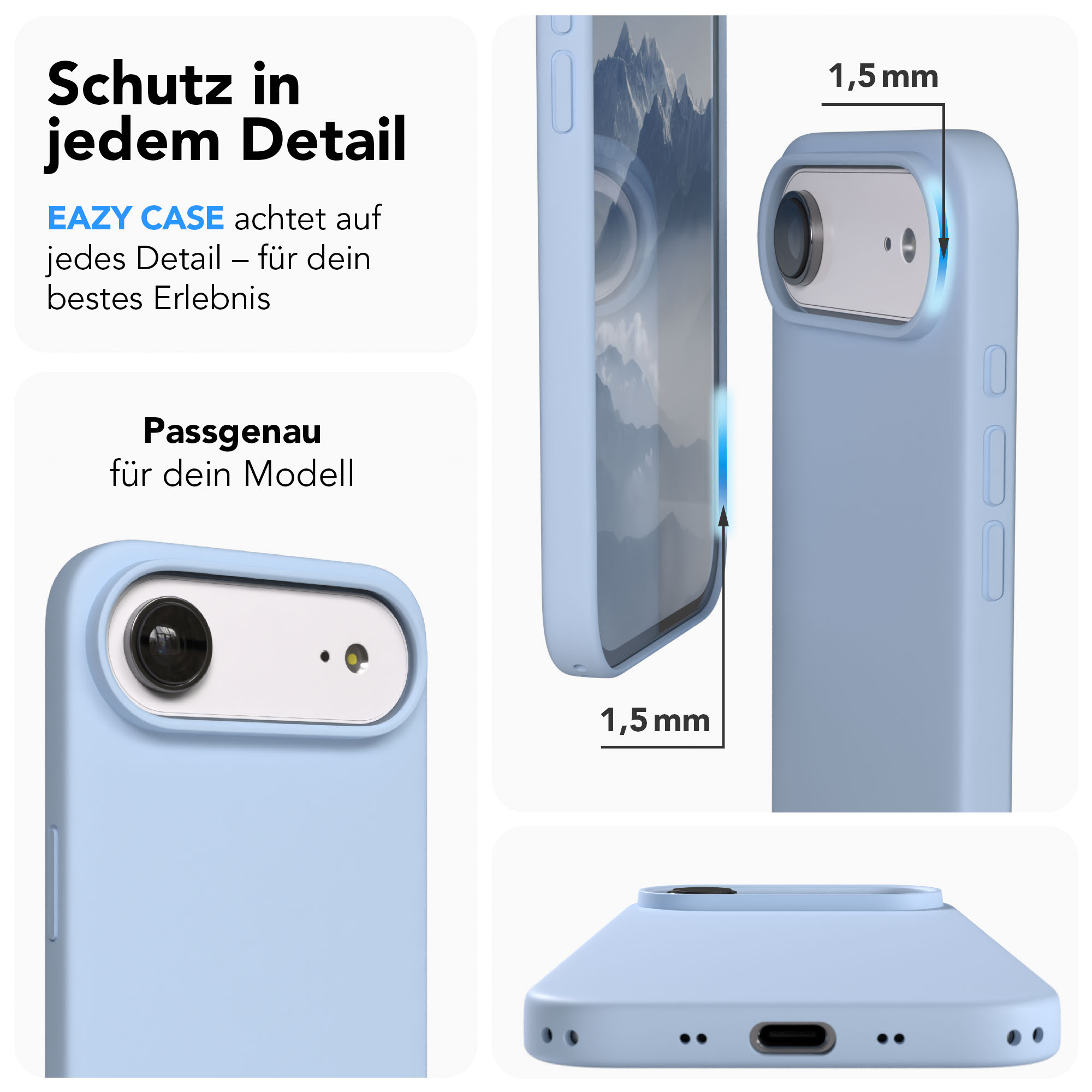 Hellblaue Handyhülle mit Fokus auf Details und 1,5mm Kameraschutz.