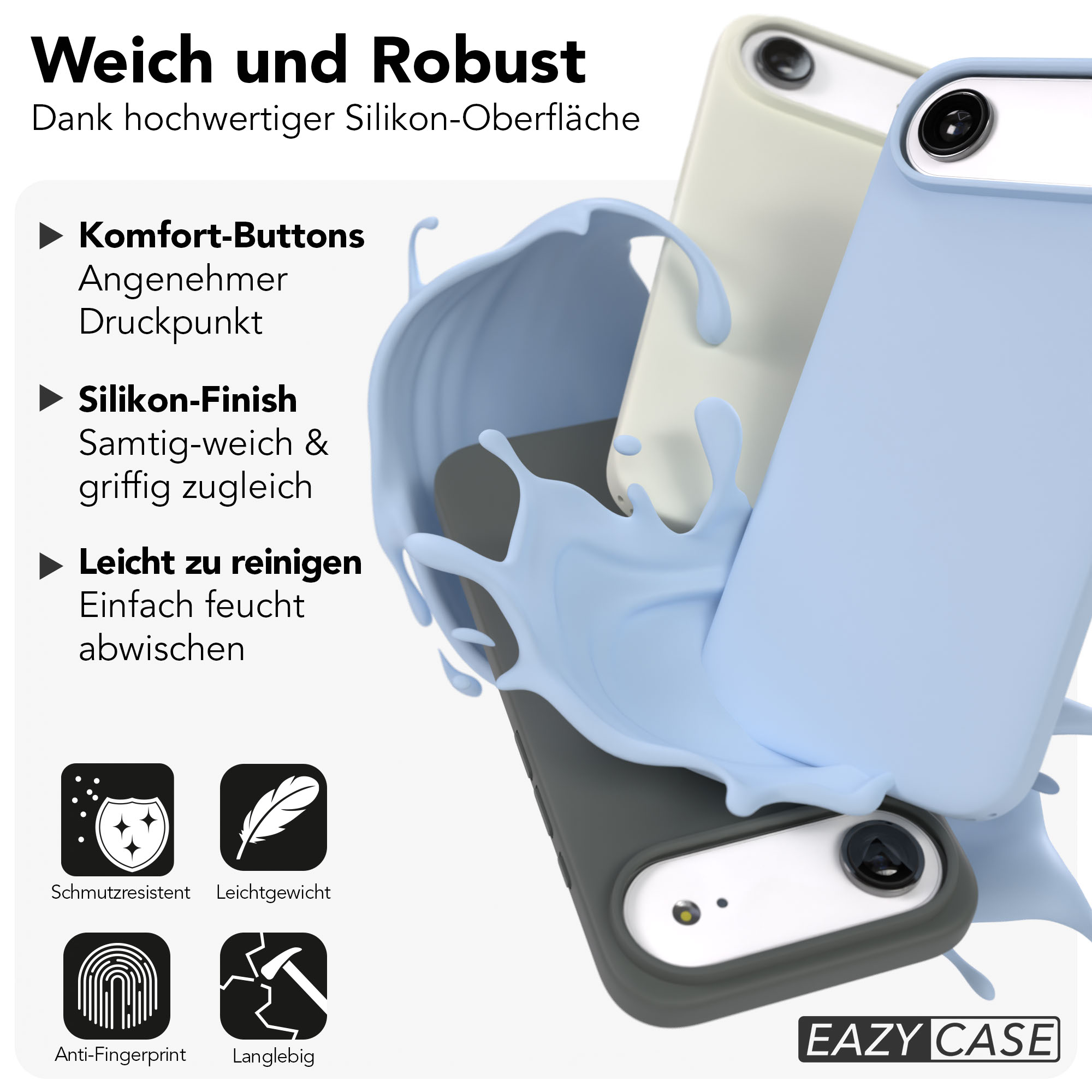 Drei weiche, pastellfarbene Handyhüllen, umgeben von einer blauen Flüssigkeitsspritzermatte.