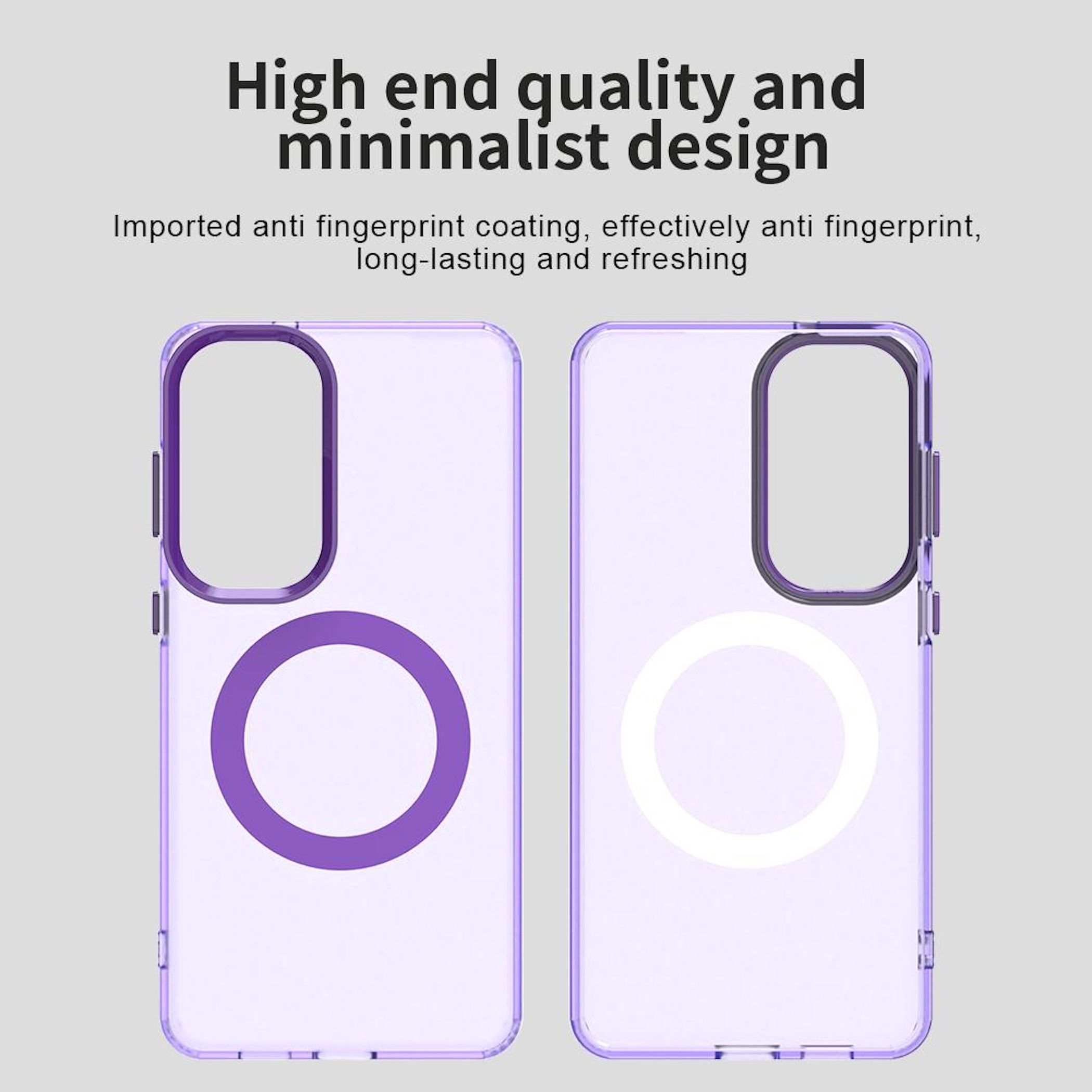 Dos fundas transparentes para teléfono con bordes morados.