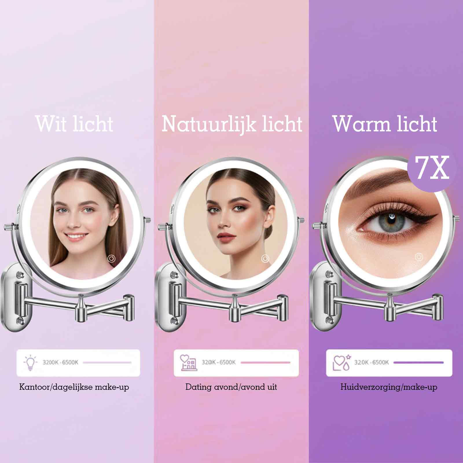 Drei beleuchtete Kosmetikspiegel zeigen Frauen für verschiedene Beleuchtungsarten.